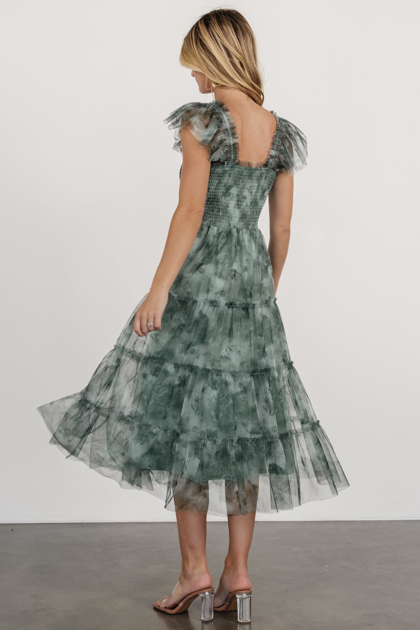 Clementine Tulle Midi Dress | Dusty Green Print Cheap Pice Wholesale Pice