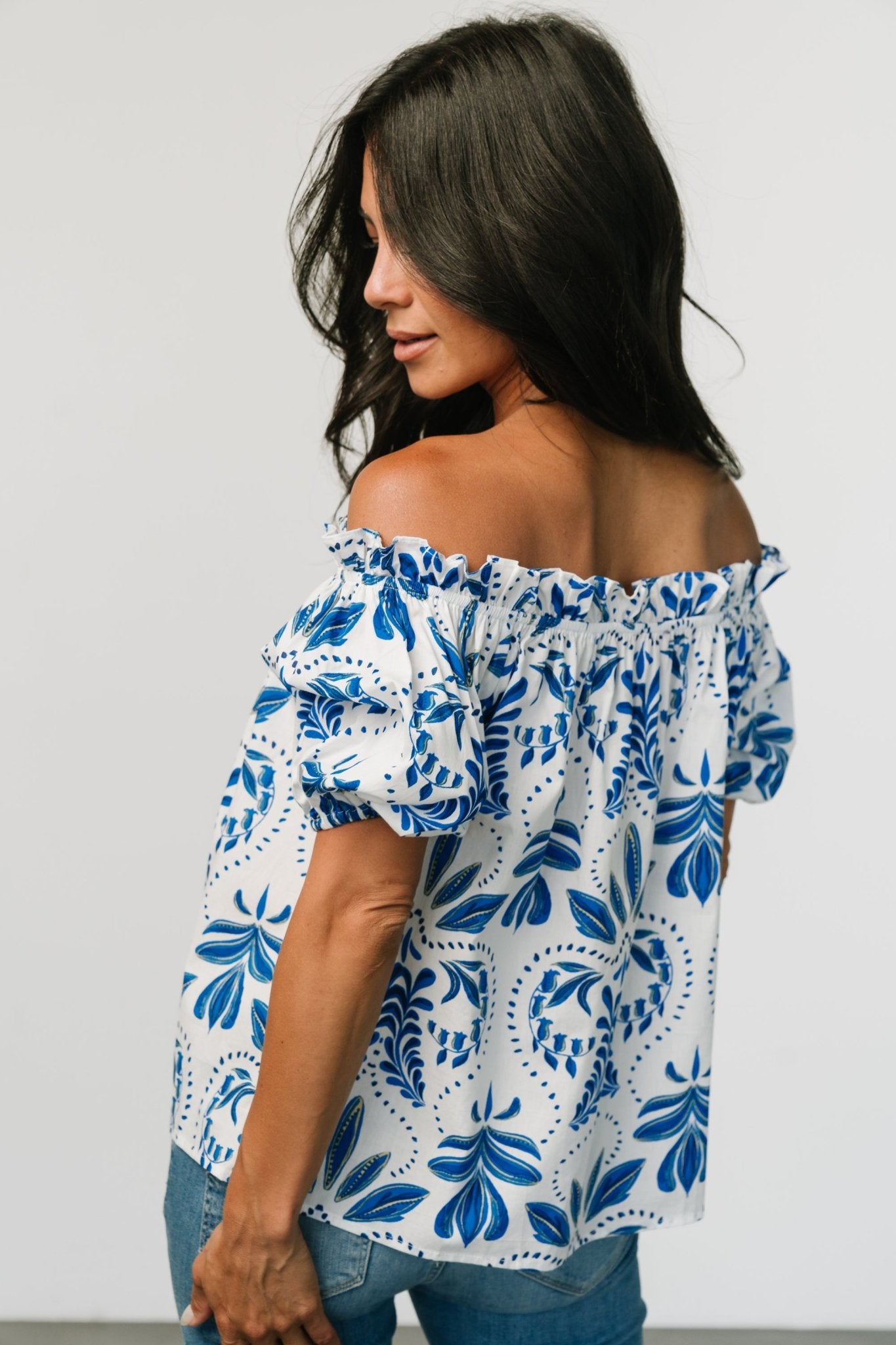 Santorini Off Shoulder Top | White + Blue Explore