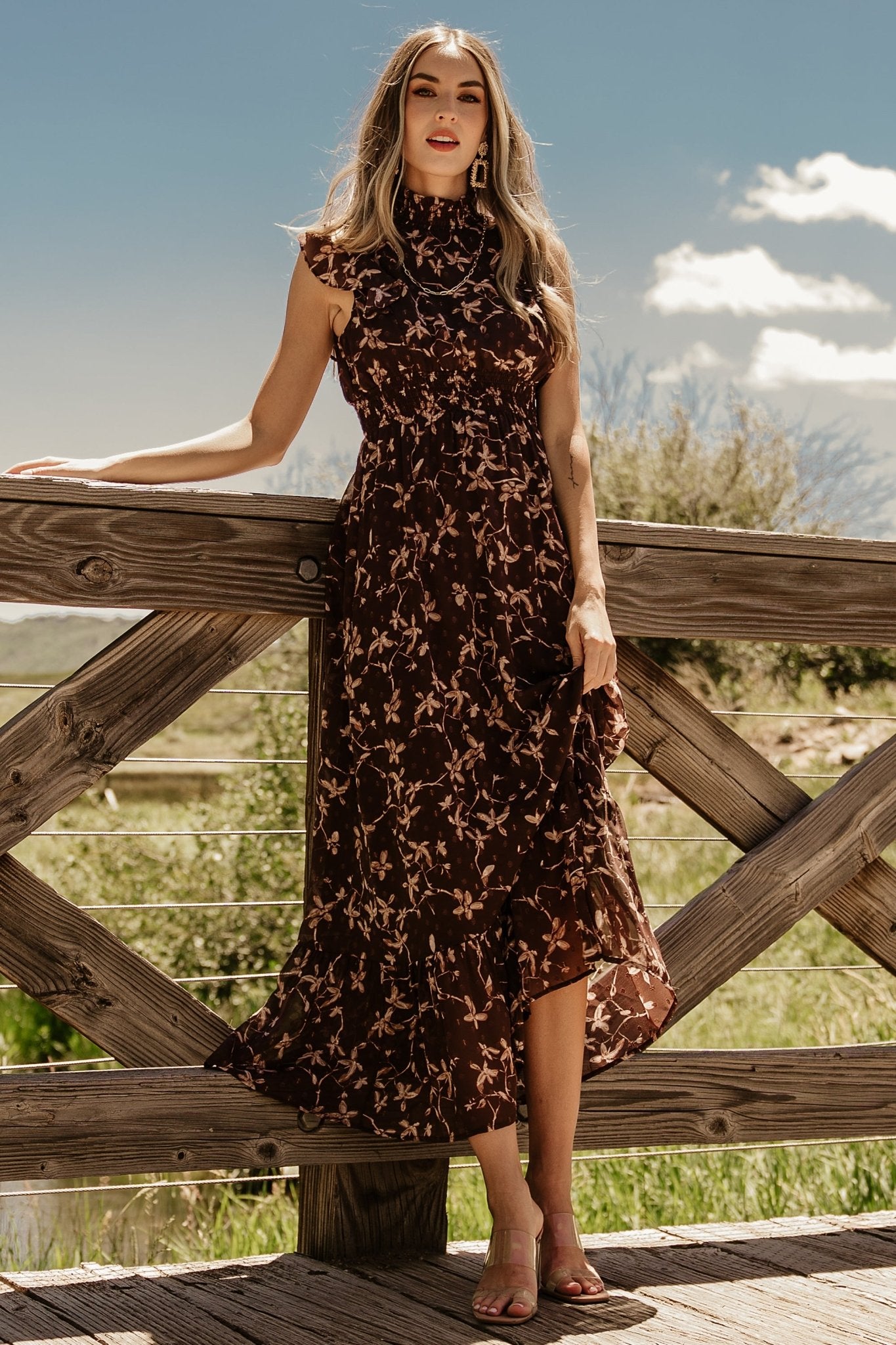 Kearny Ruffle Maxi Dress | Brown + Natural Discount Wholesale