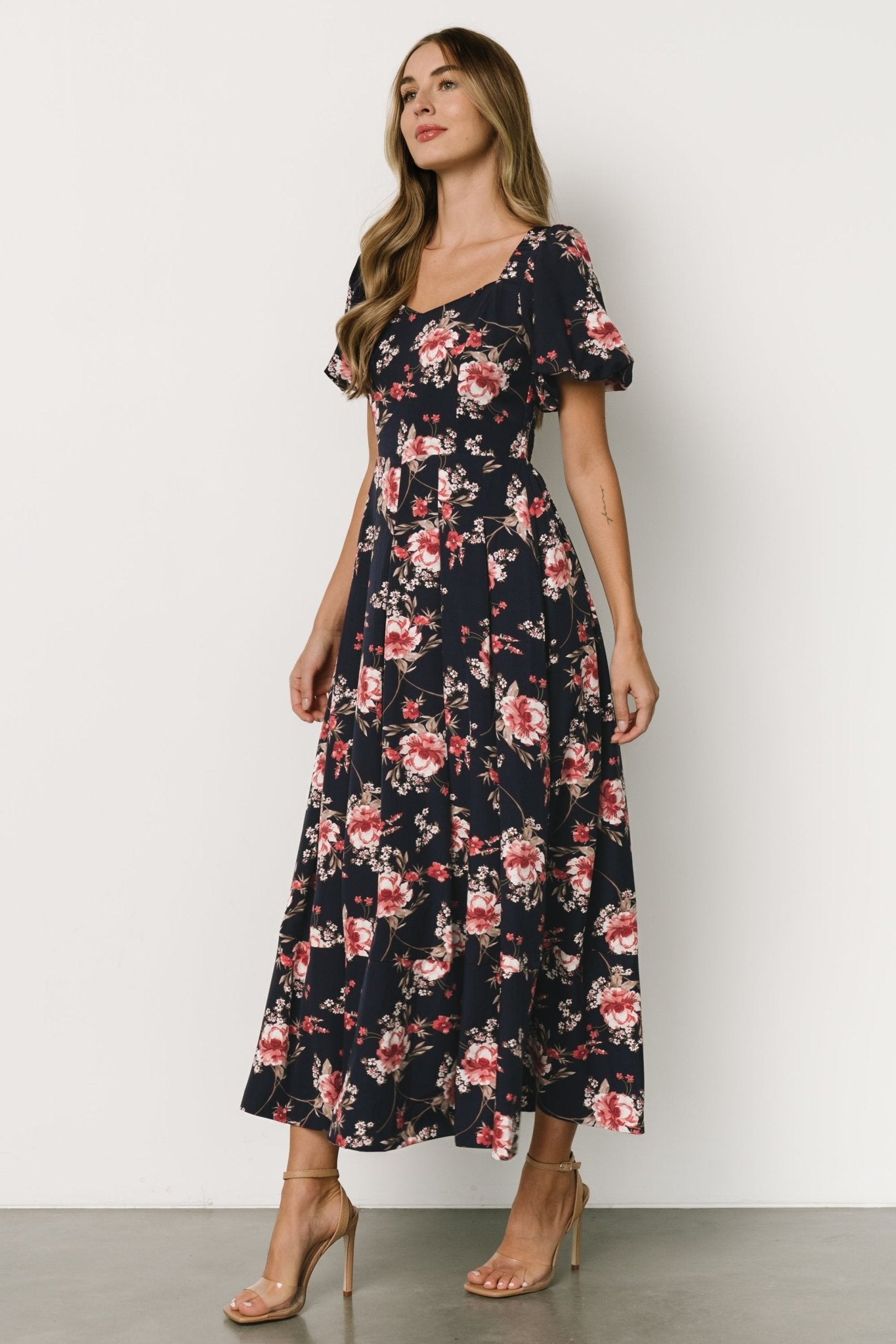 Greta Pleated Maxi Dress | Navy + Pink Floral Sale Purchase