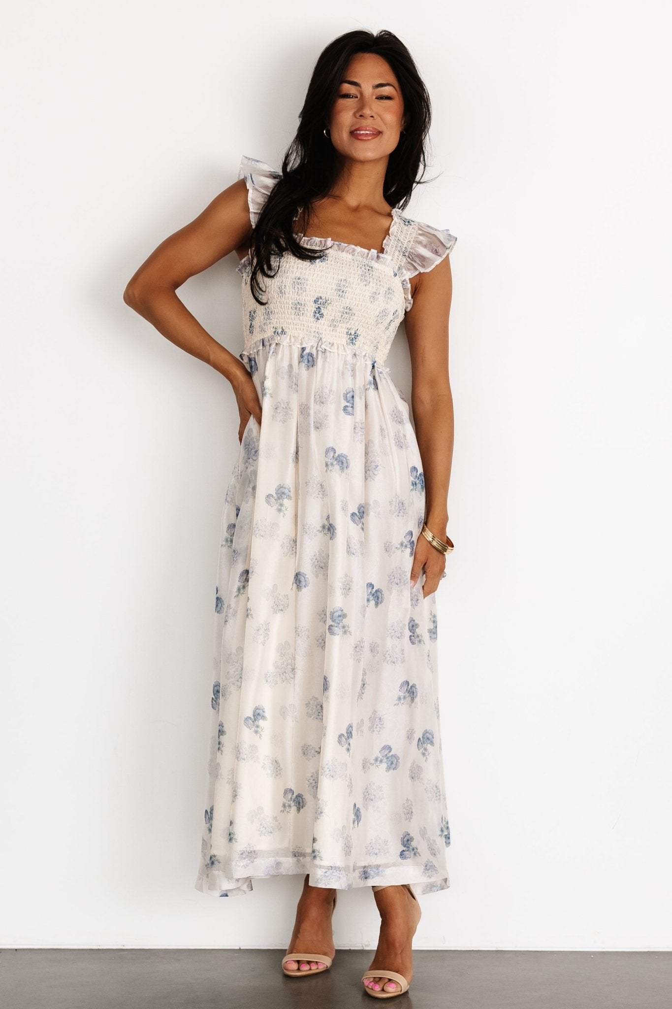 Phoebe Midi Dress | Cream + Blue Floral Free Shipping Limited Edition