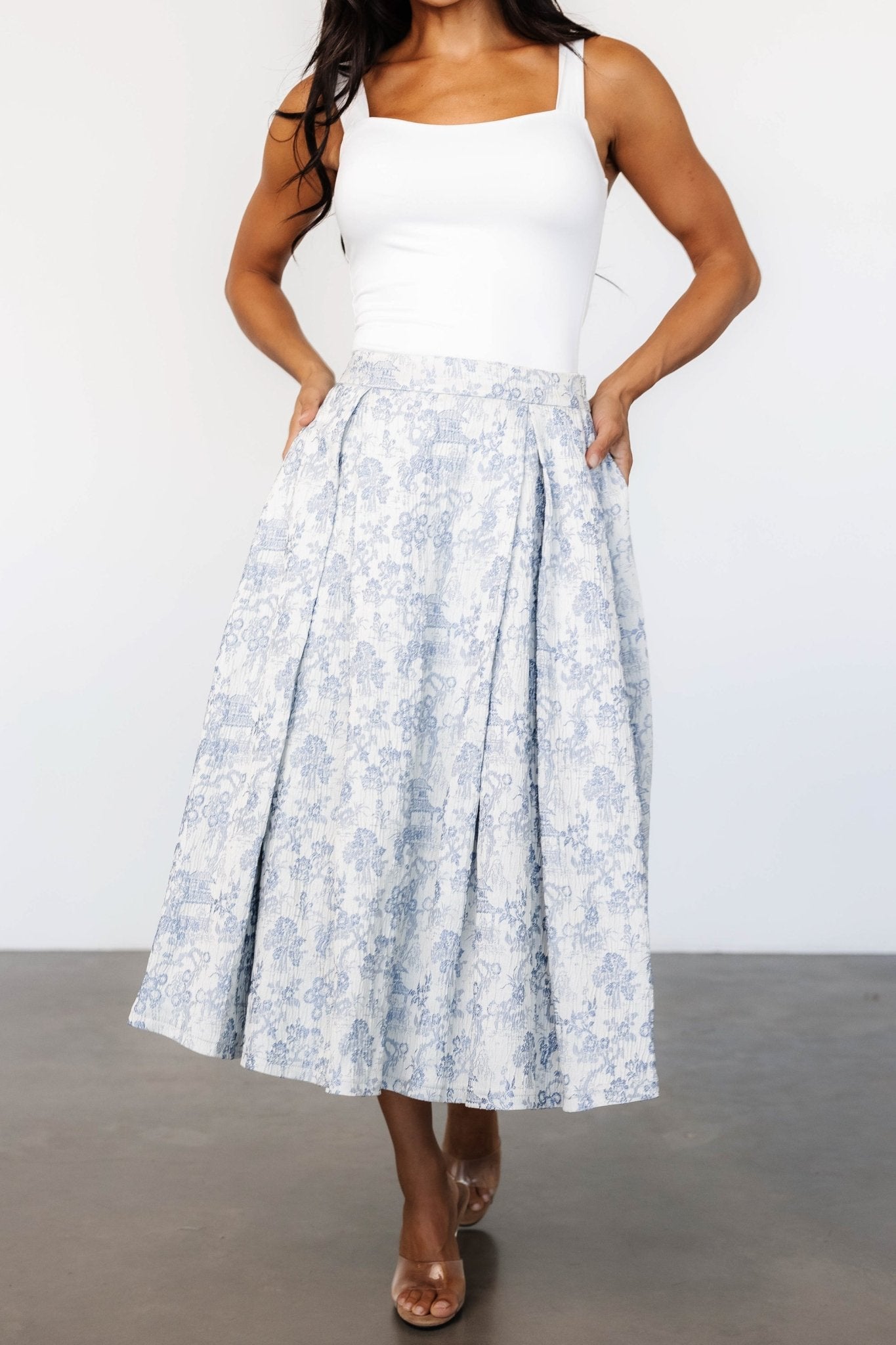 Jeanne Pleated Midi Skirt | Pearl + Light Blue For Cheap Pice