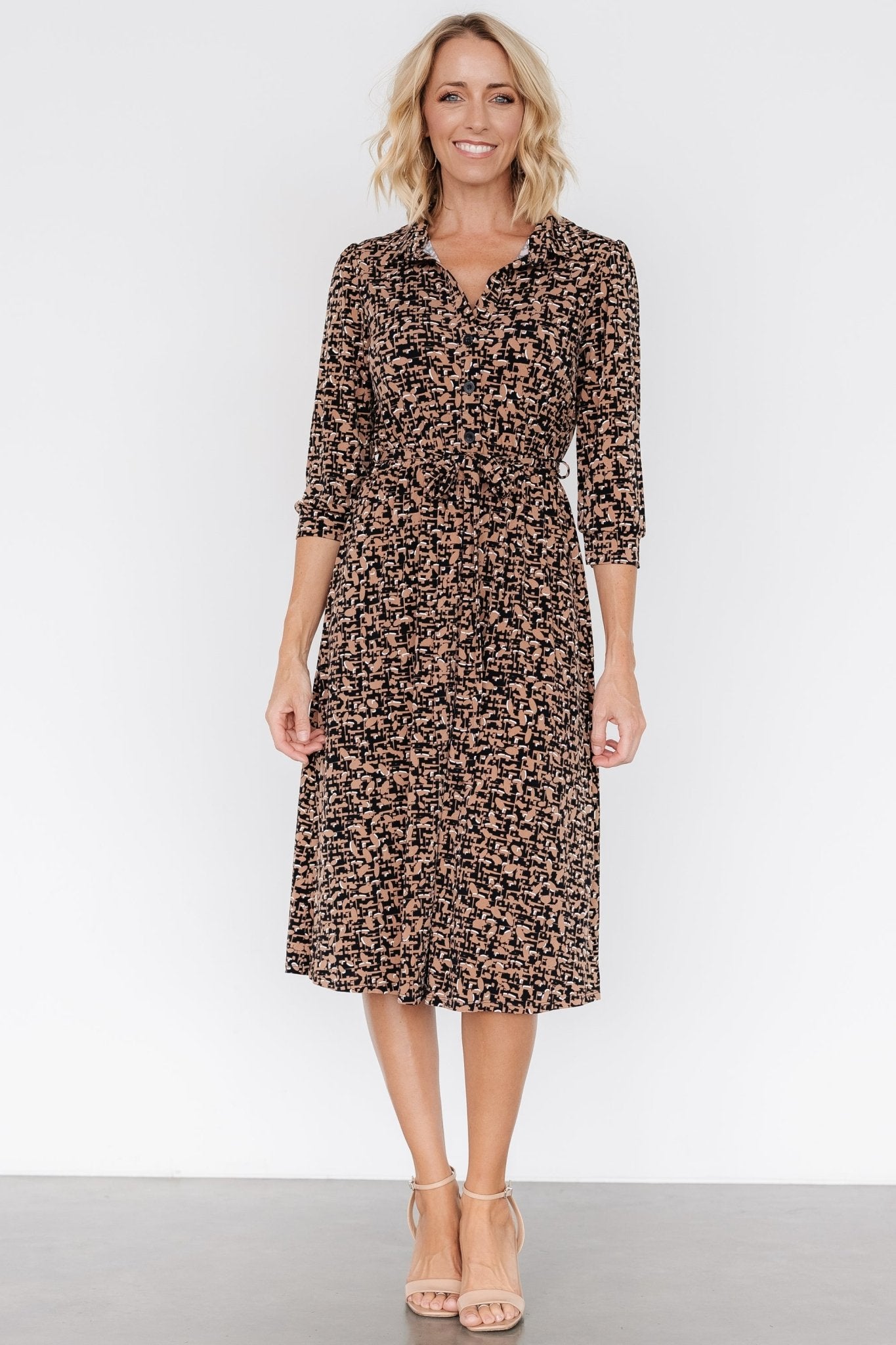 Jenica Midi Dress | Black + Camel Print Buy Cheap Big Discount