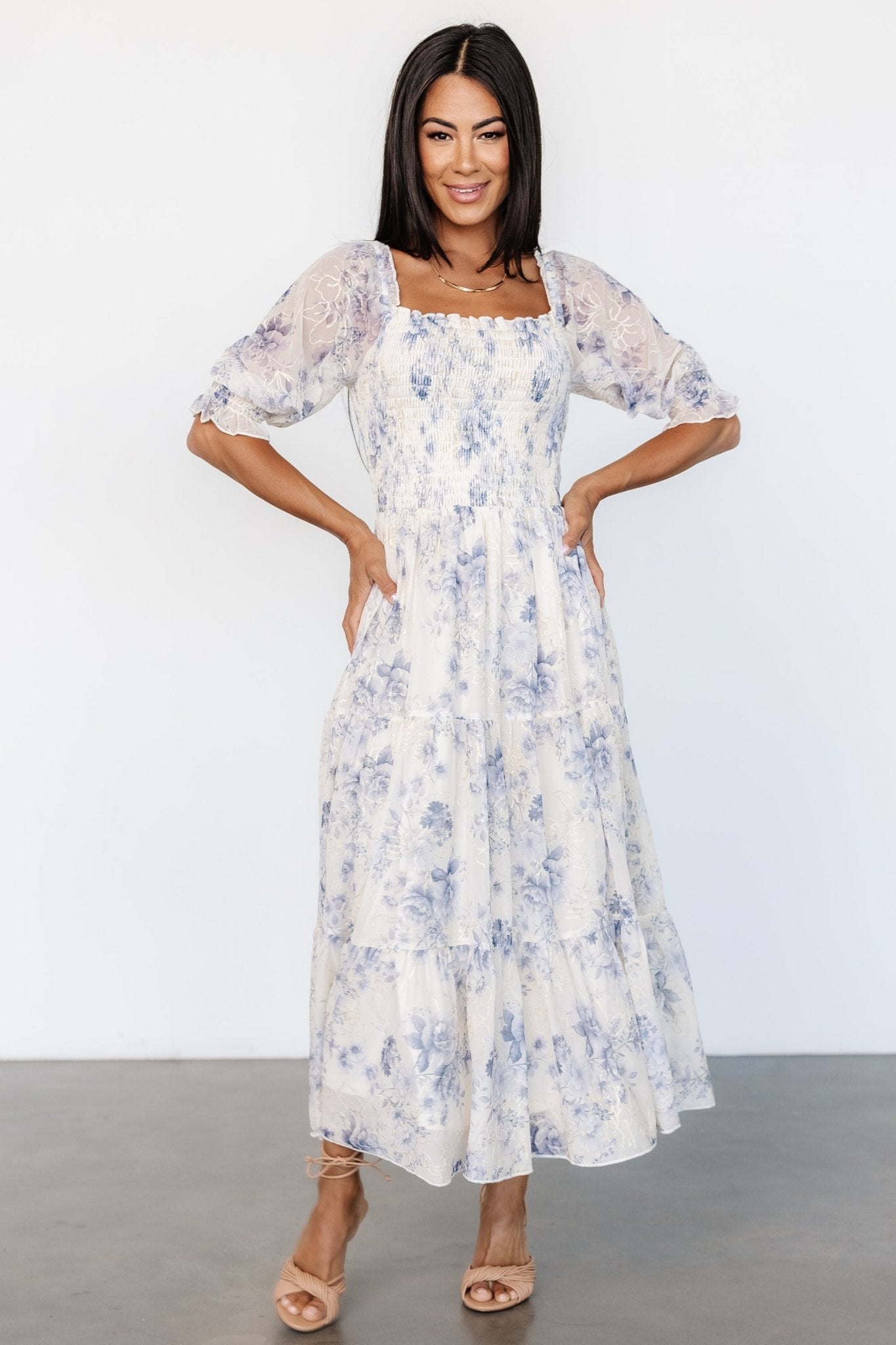 Fabian Jacquard Midi Dress | Cream + Blue Floral Buy Cheap Pice