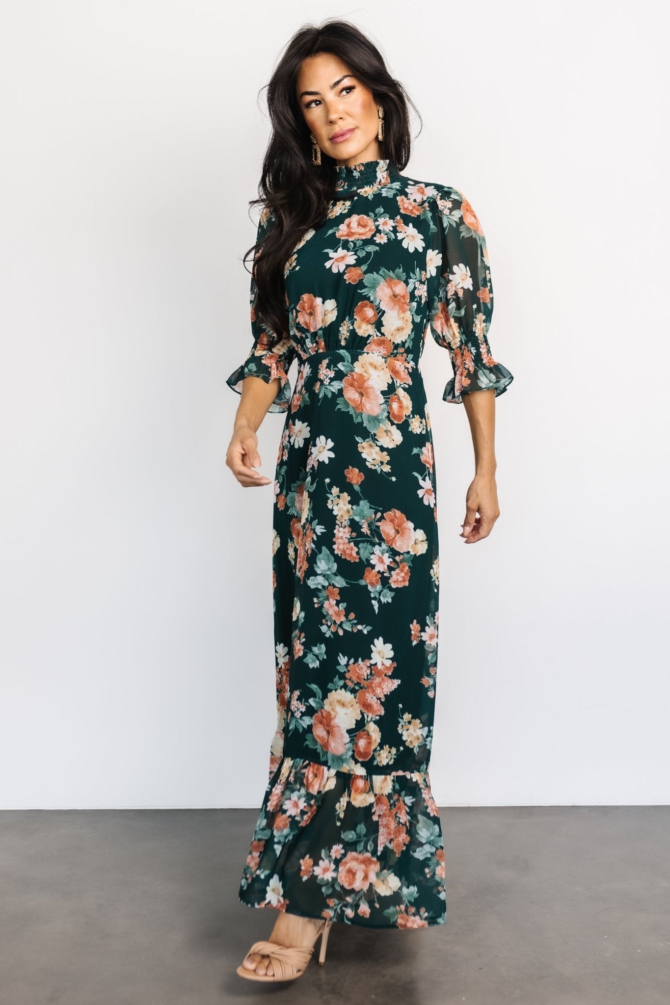 Marie Mock Neck Maxi Dress | Dark Green Floral Cheap Wholesale