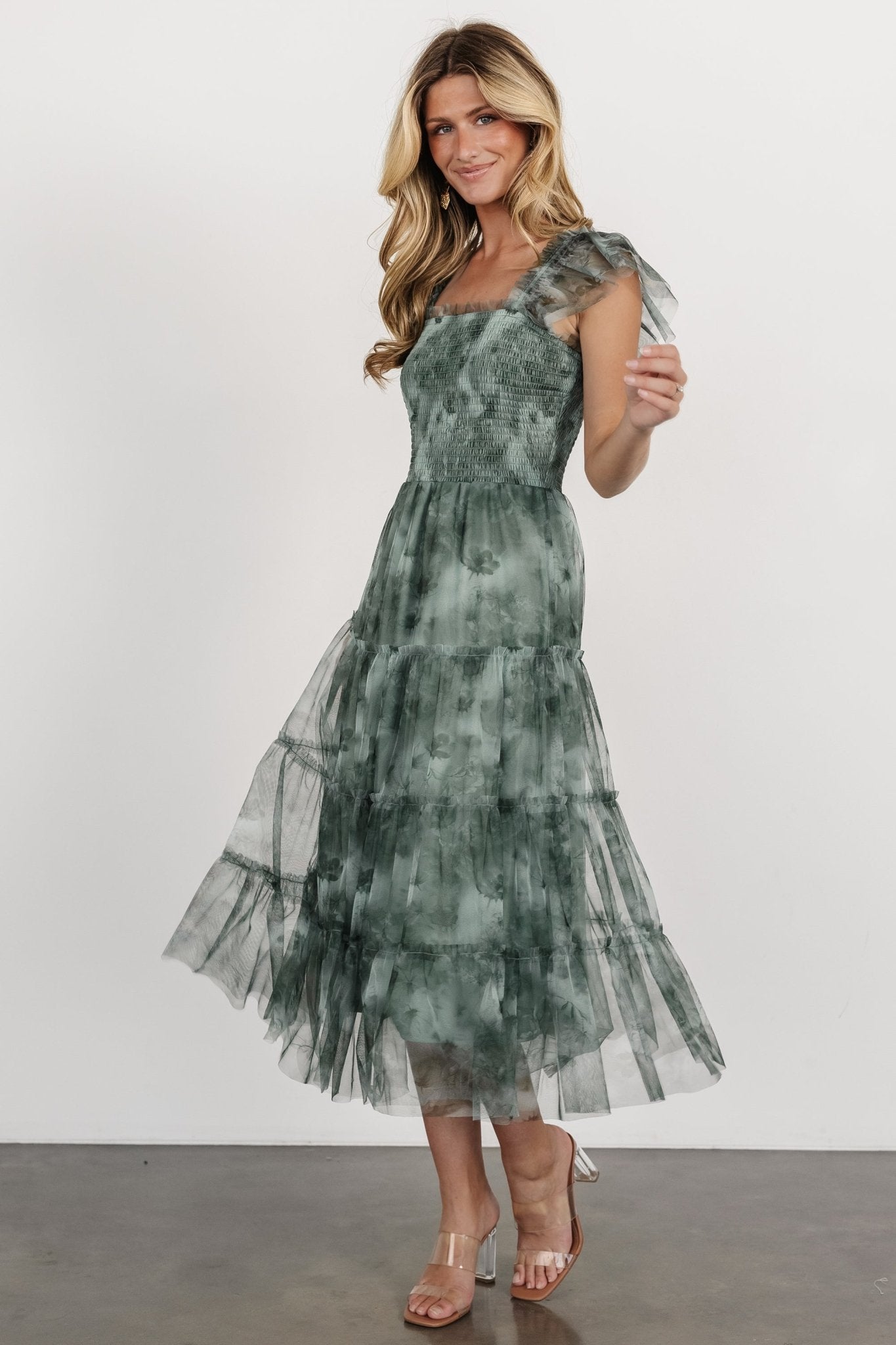 Clementine Tulle Midi Dress | Dusty Green Print Cheap Pice Wholesale Pice