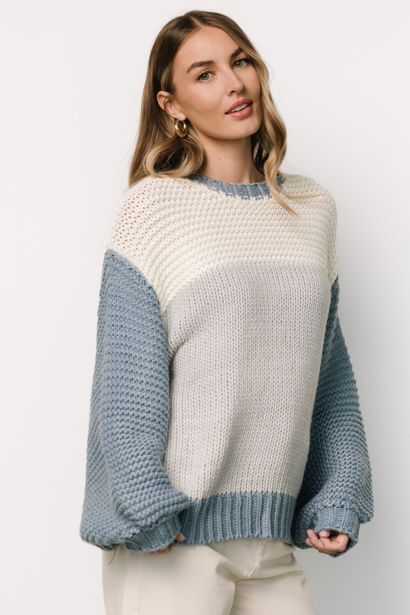 Hygge Chunky Knit Sweater | Blue + Cream Sale Cheap Online