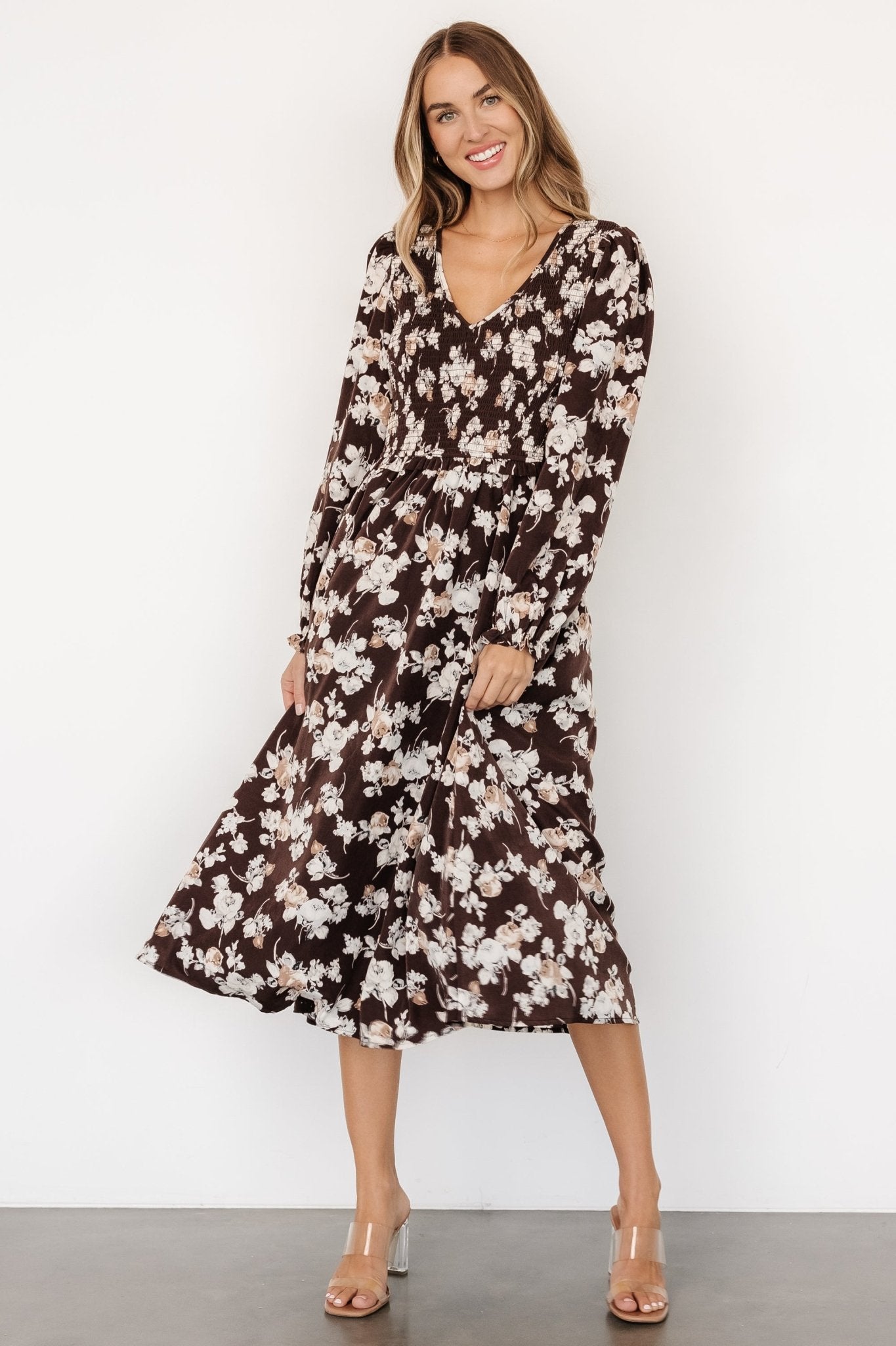 Matilda Smocked Midi Dress | Brown Floral Latest Collections Cheap Pice