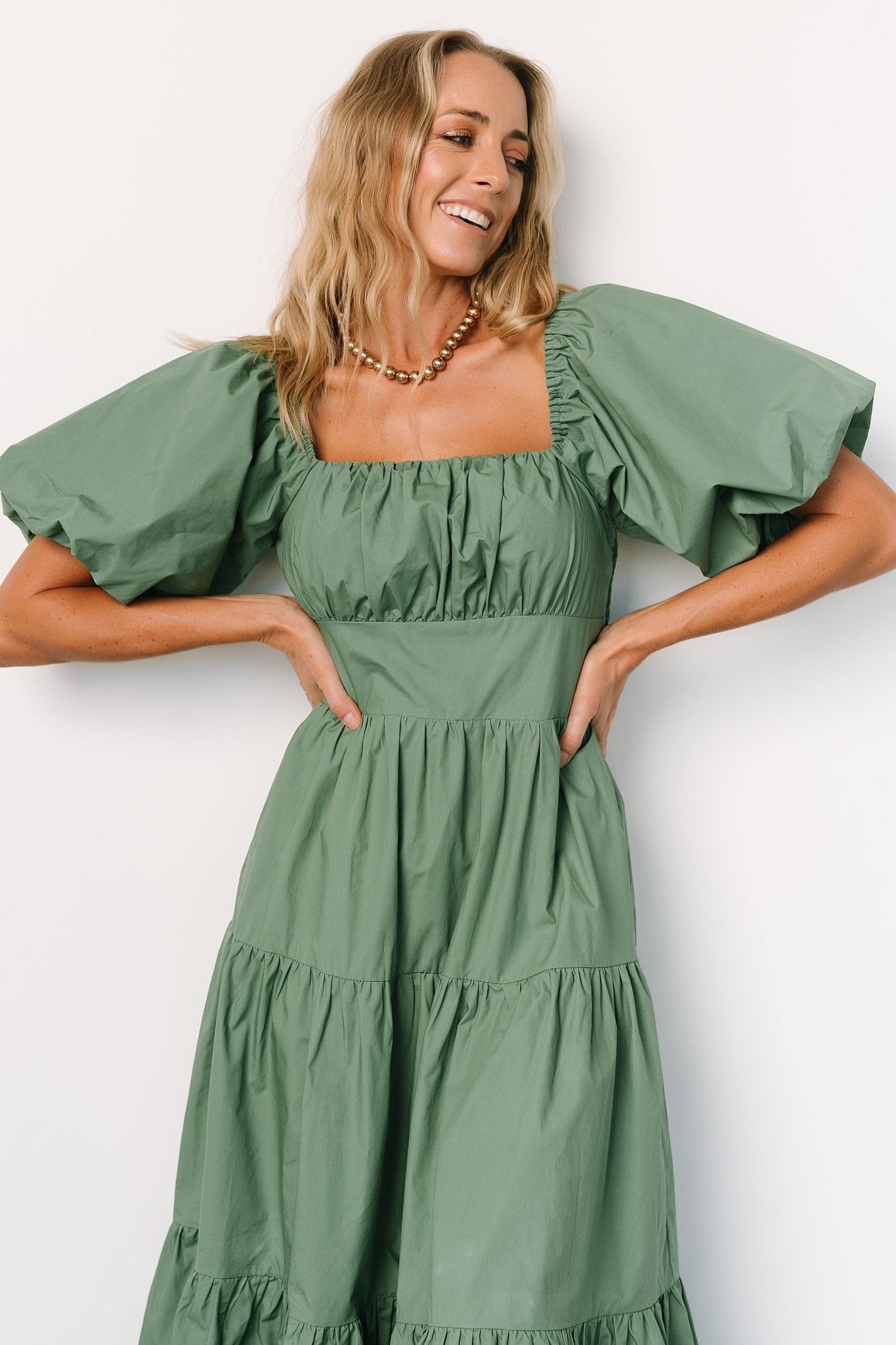 Cindy Puff Sleeve Tiered Dress | Dusty Green Genuine Cheap Pice