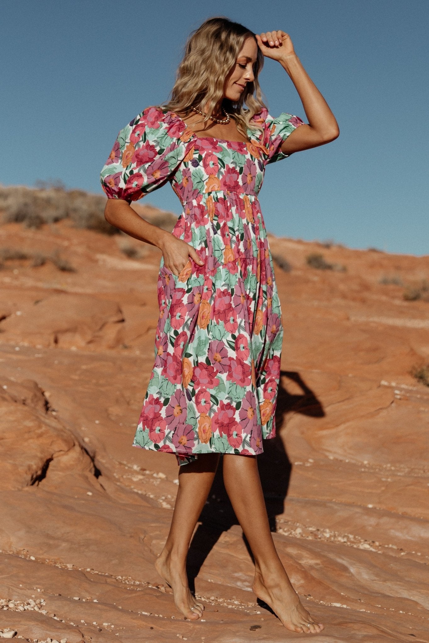 Aimee Puff Sleeve Midi Dress | Pink Multi Cheap Browse