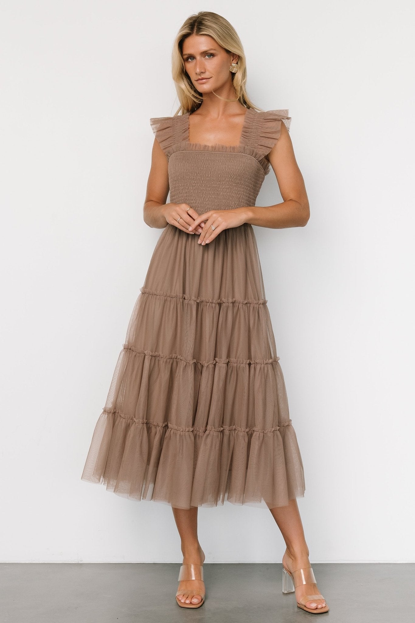 Emma Smocked Tulle Dress | Taupe Sale Low Shipping Fee