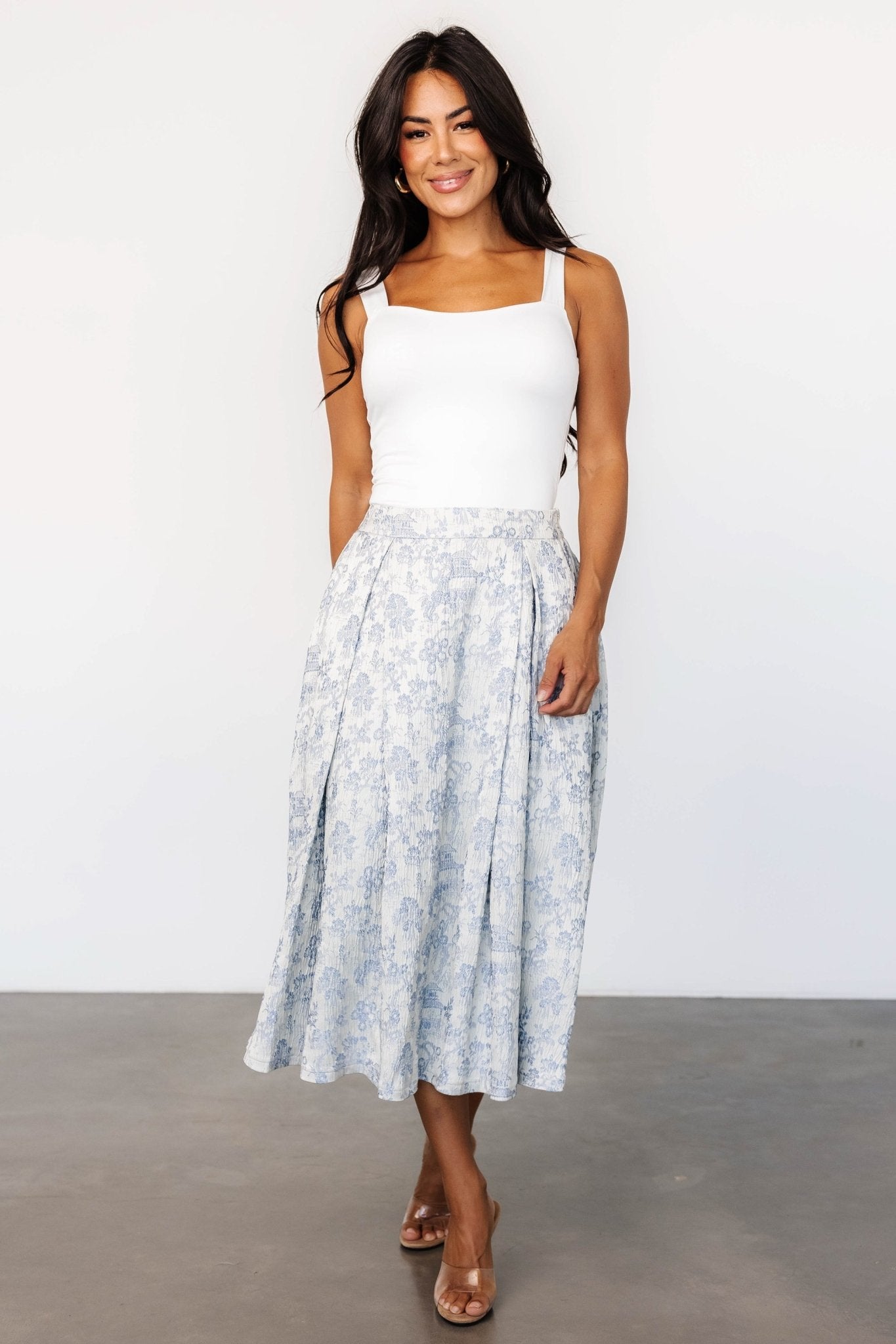 Jeanne Pleated Midi Skirt | Pearl + Light Blue For Cheap Pice