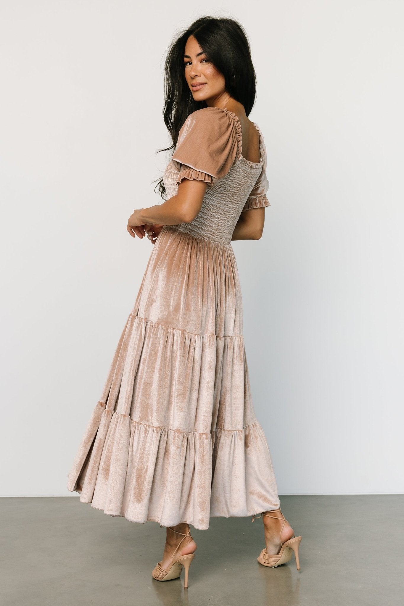 Vivaldi Smocked Velvet Midi Dress | Champagne Newest For Sale