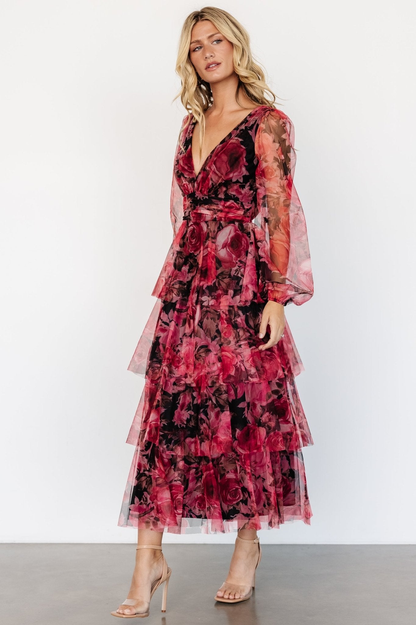 Carolina Tulle Tiered Maxi Dress | Red + Black Floral Sale Outlet