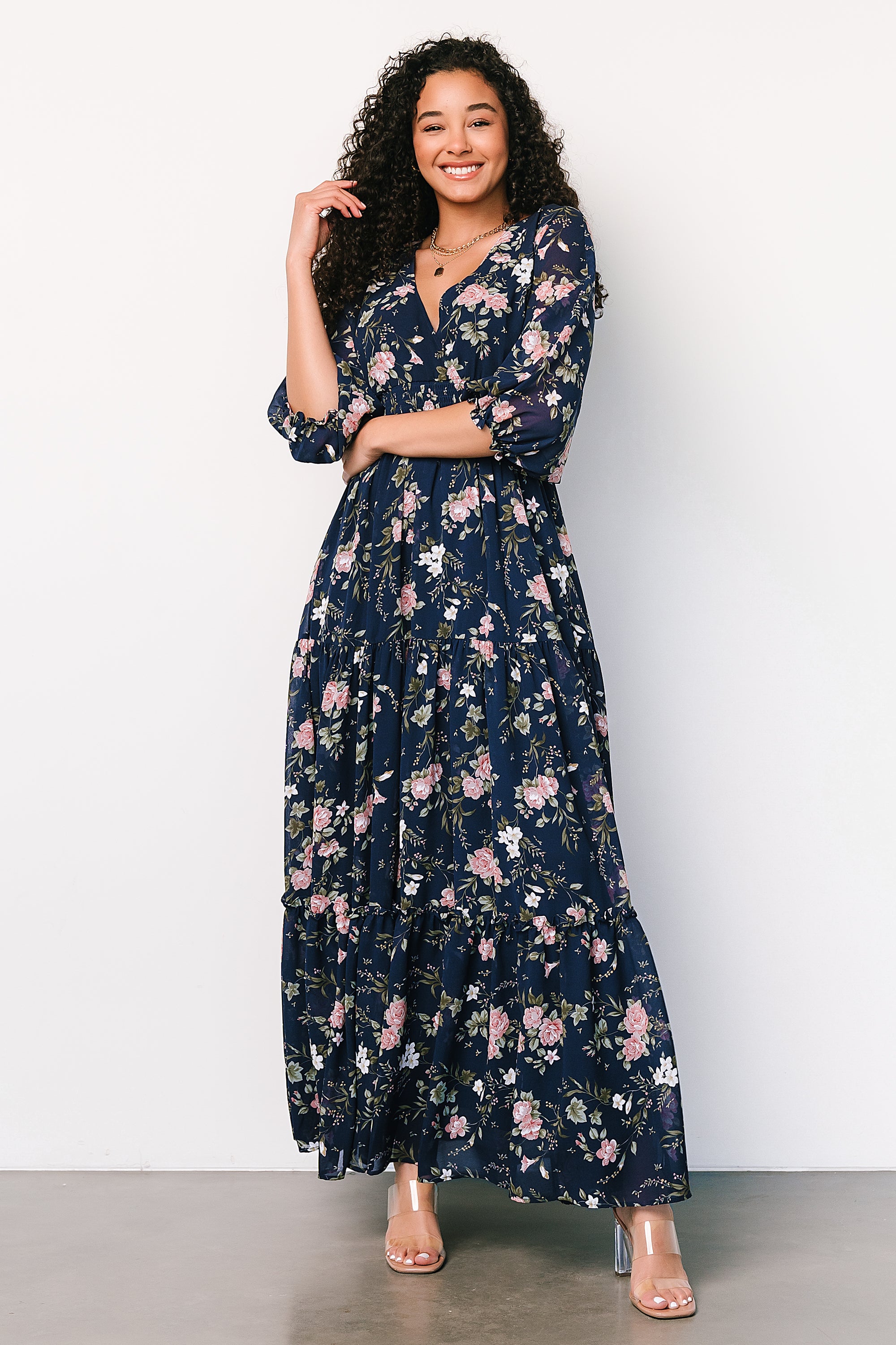 Sawyer Tiered Maxi Dress | Navy + Pink Free Shipping Best Seller