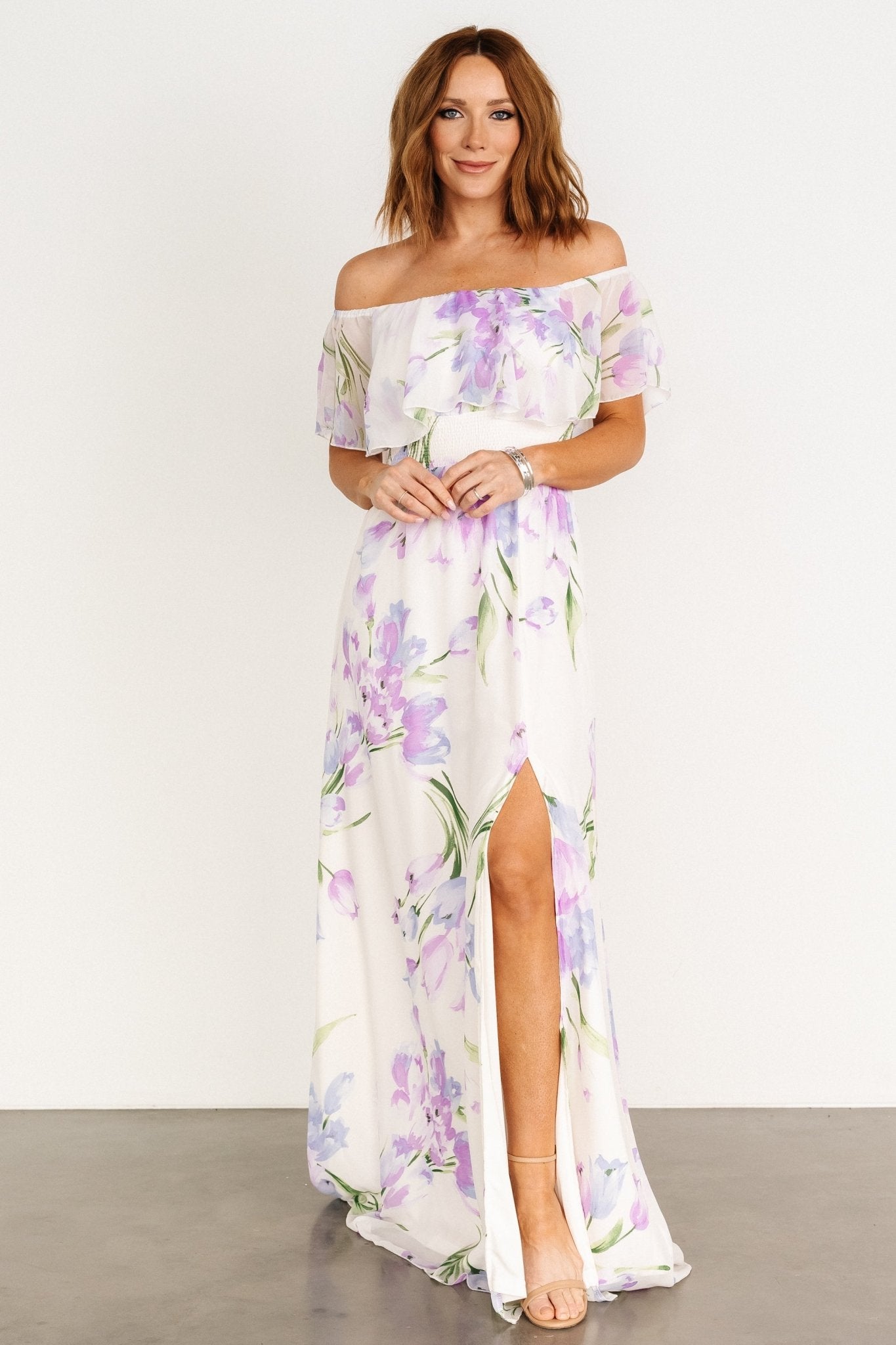 Daphne Off Shoulder Maxi Dress | Ivory + Lavender Floral Cheap Sale Excellent