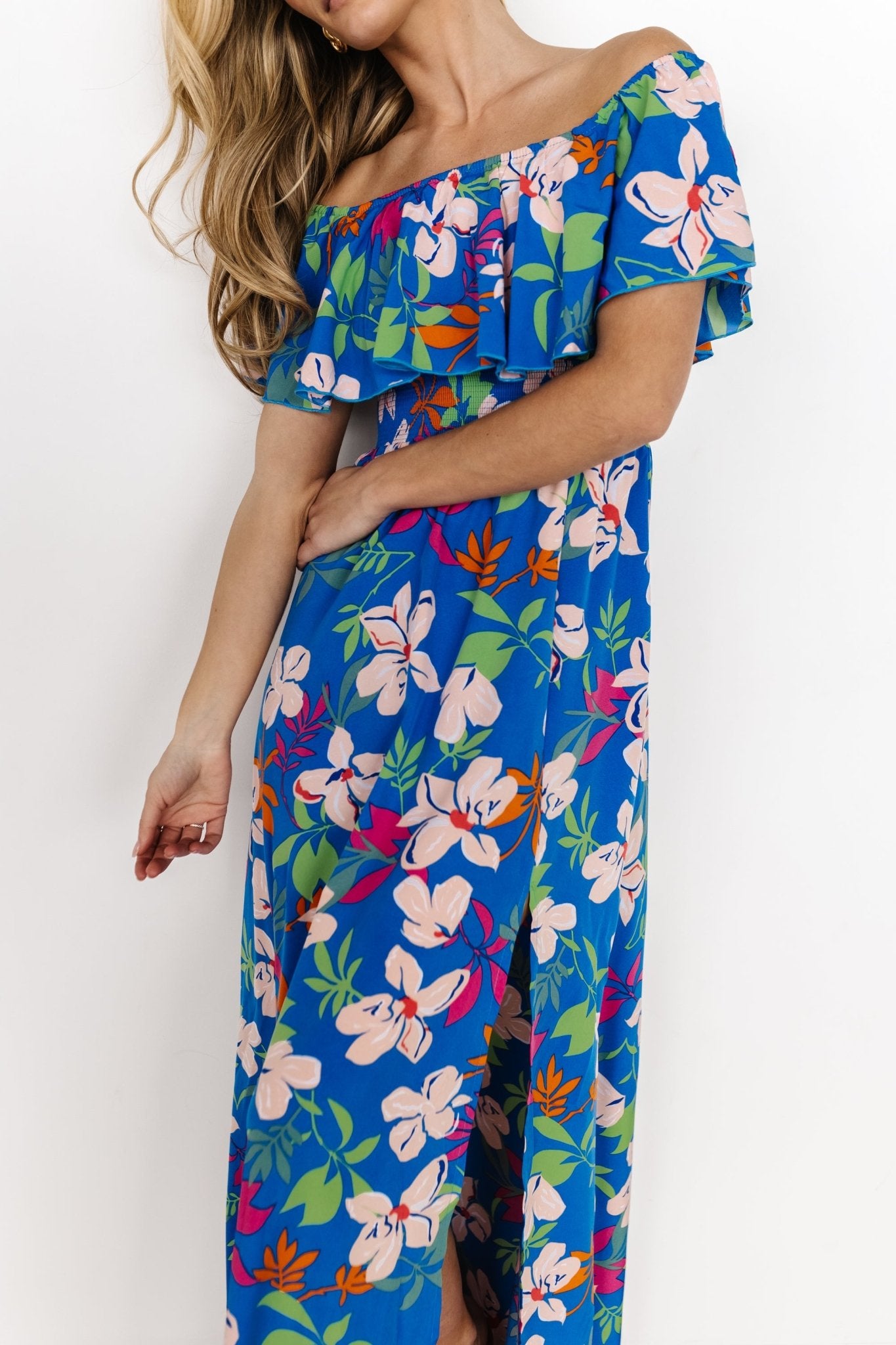 Talia Off Shoulder Maxi Dress | Blue Floral Clearance Newest