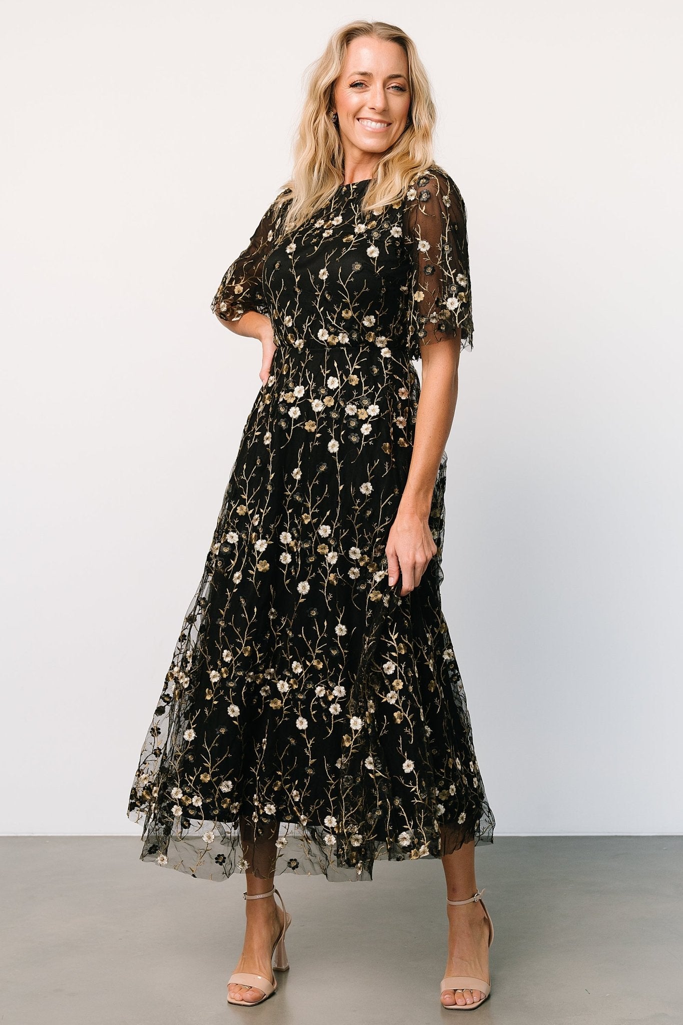 Arabella Embroidered Tulle Maxi Dress | Gold + Black Buy Cheap Hot Sale