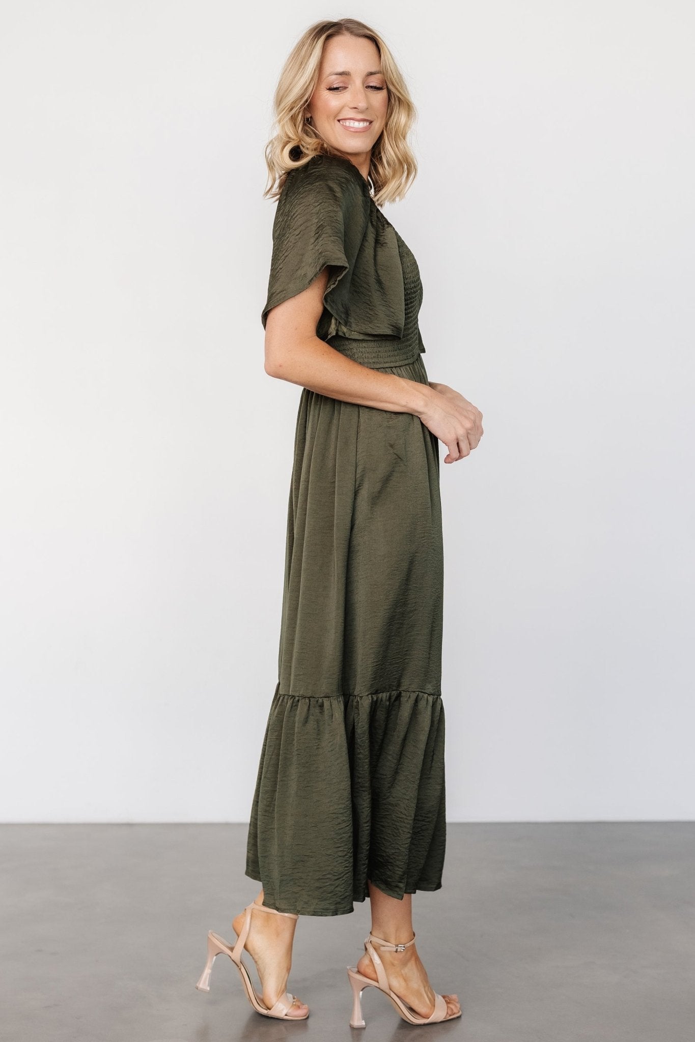 Lovell Smocked Midi Dress | Deep Olive Clearance Eastbay