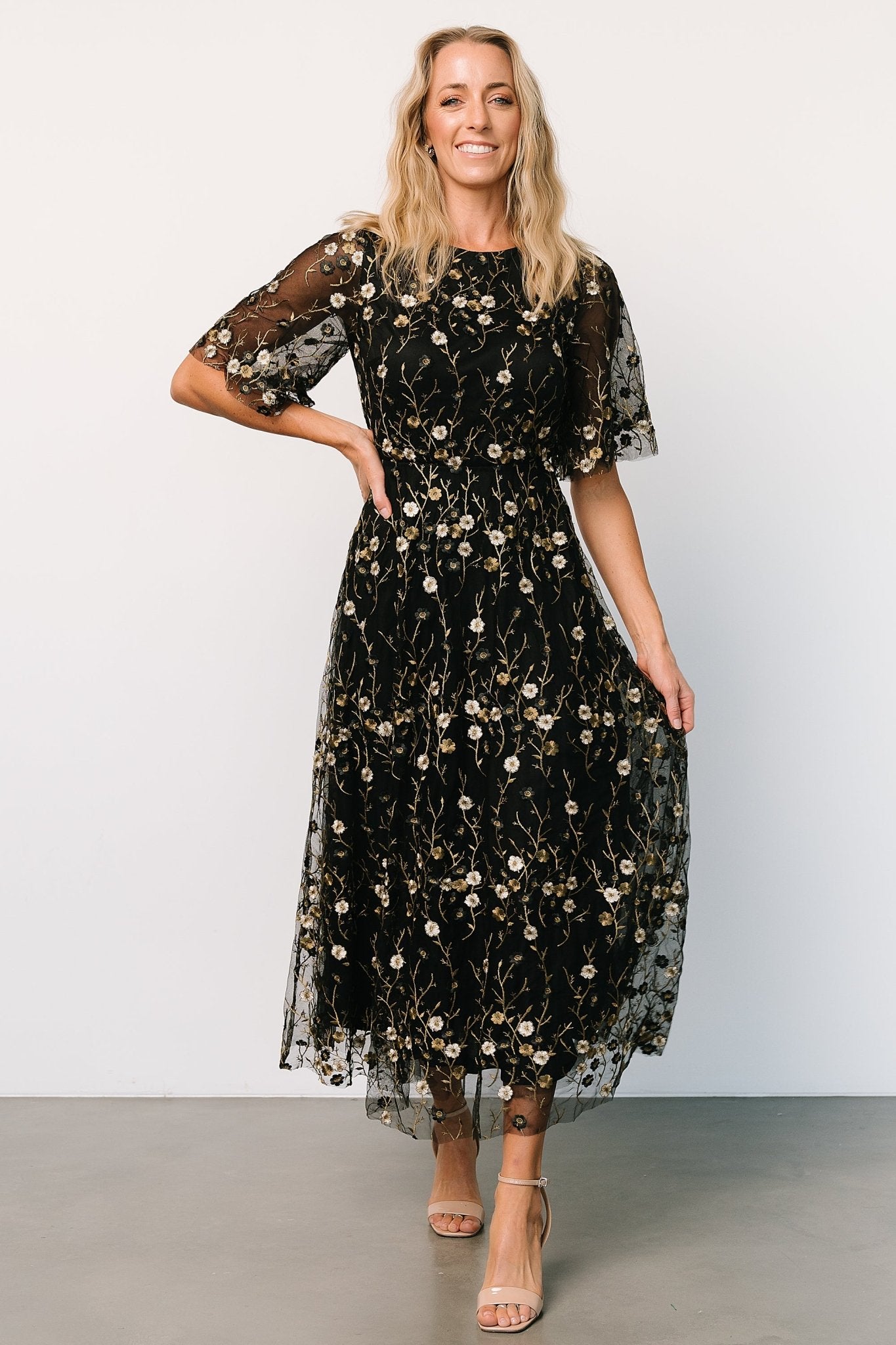 Arabella Embroidered Tulle Maxi Dress | Gold + Black Buy Cheap Hot Sale