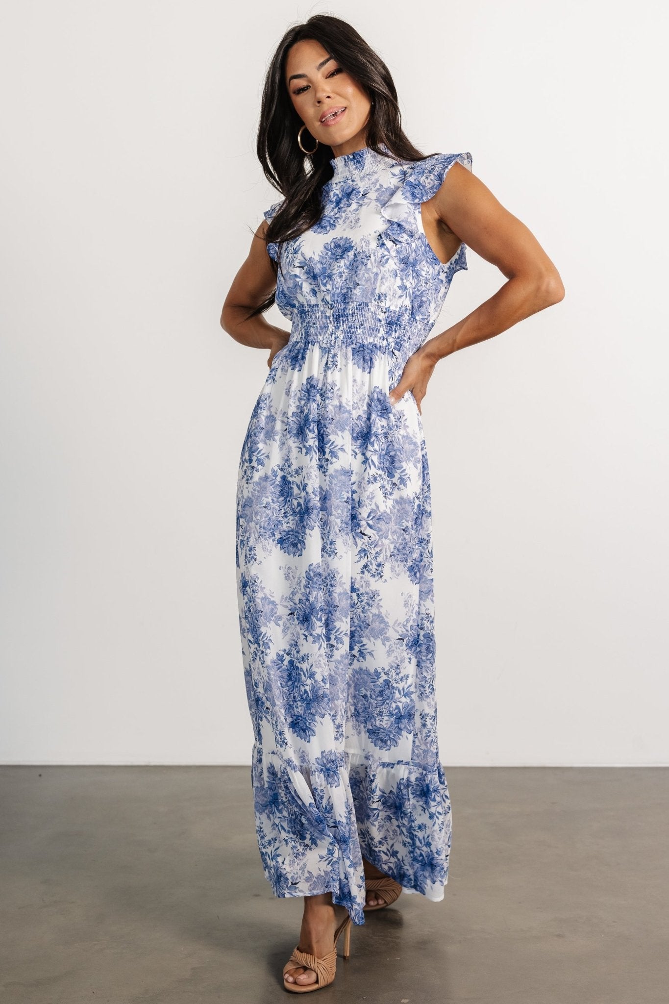 Kearny Ruffle Maxi Dress | White + Blue Floral Buy Cheap Footlocker Pictures