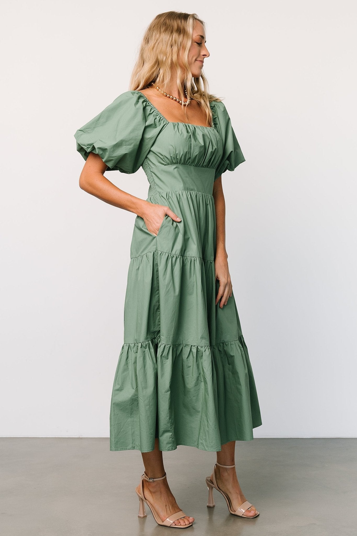 Cindy Puff Sleeve Tiered Dress | Dusty Green Genuine Cheap Pice