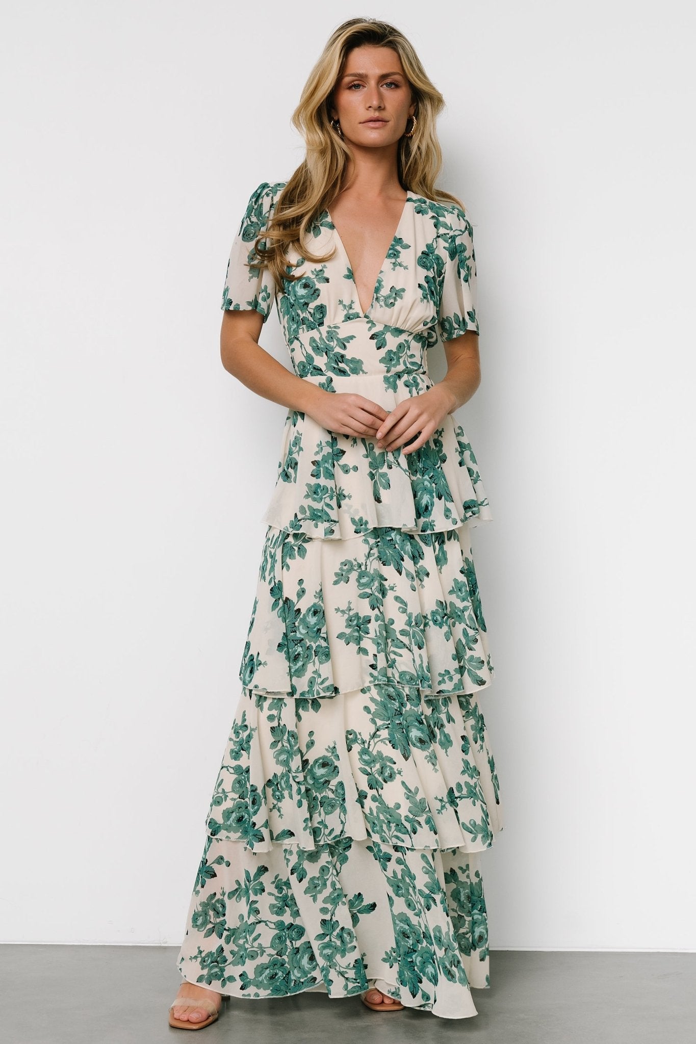 Montaigne Ruffle Maxi Dress | Ivory + Green Floral Cost For Sale