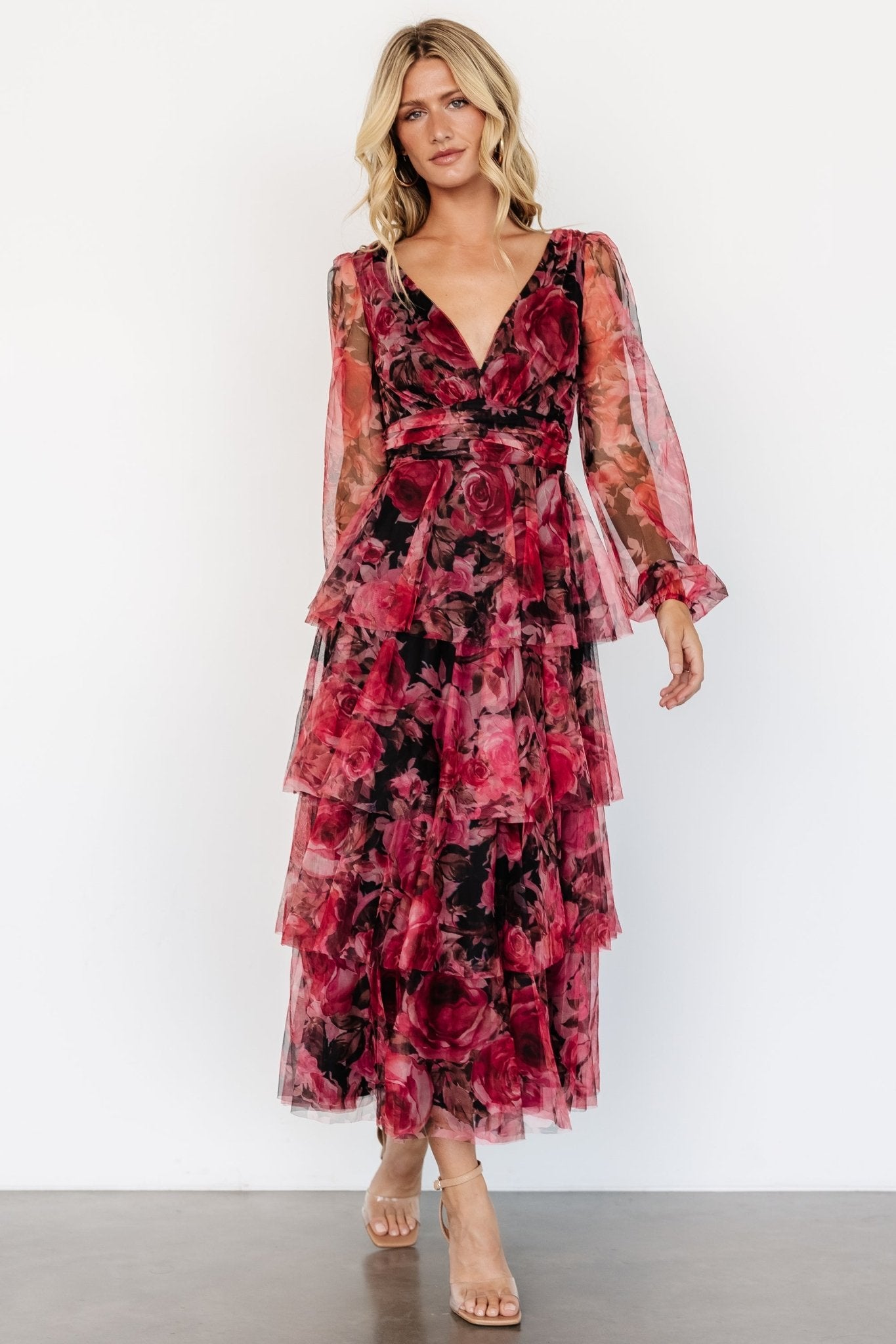 Carolina Tulle Tiered Maxi Dress | Red + Black Floral Sale Outlet