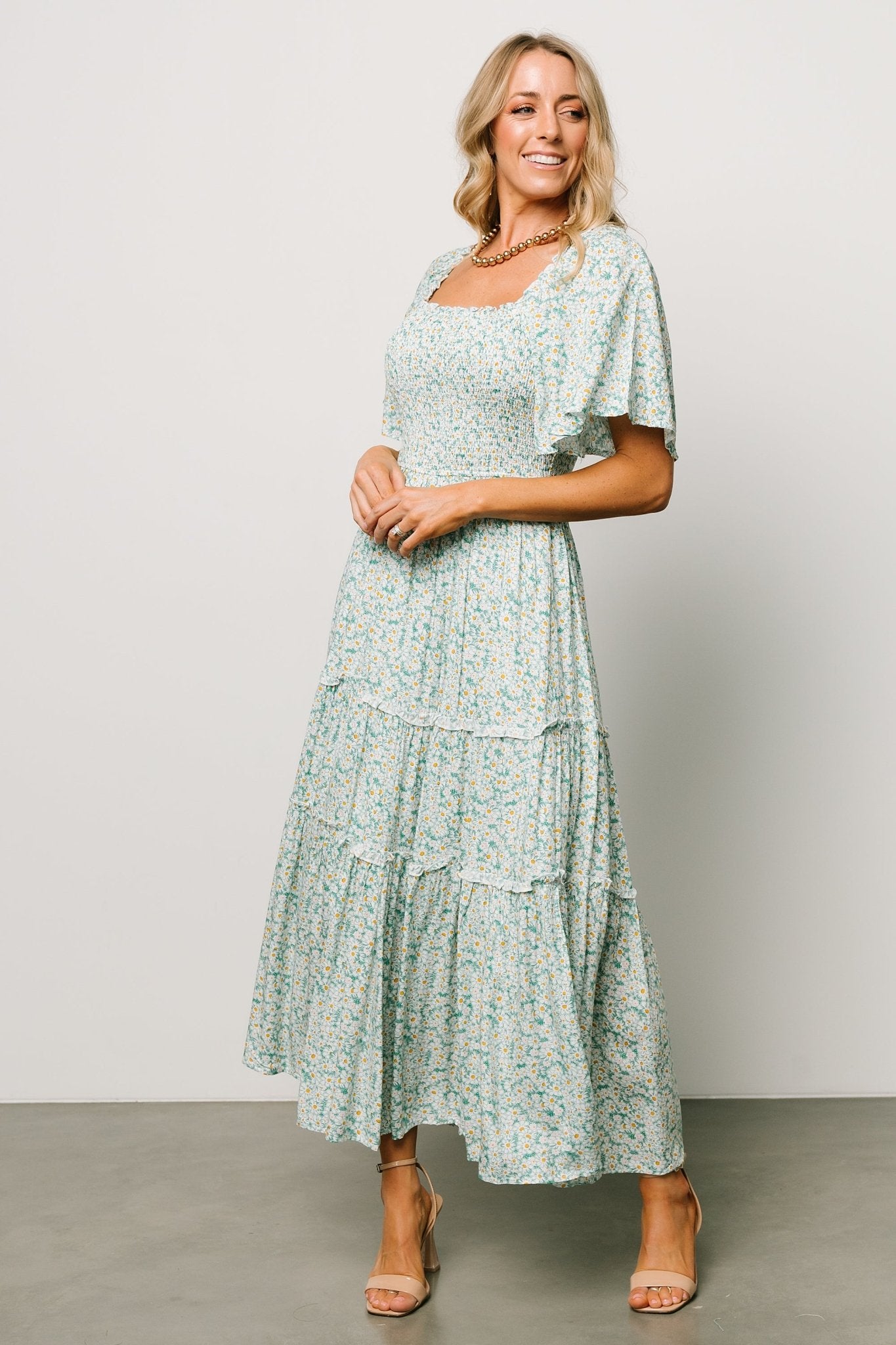 Regina Smocked Maxi Dress | Green Floral With Credit Card Cheap Pice