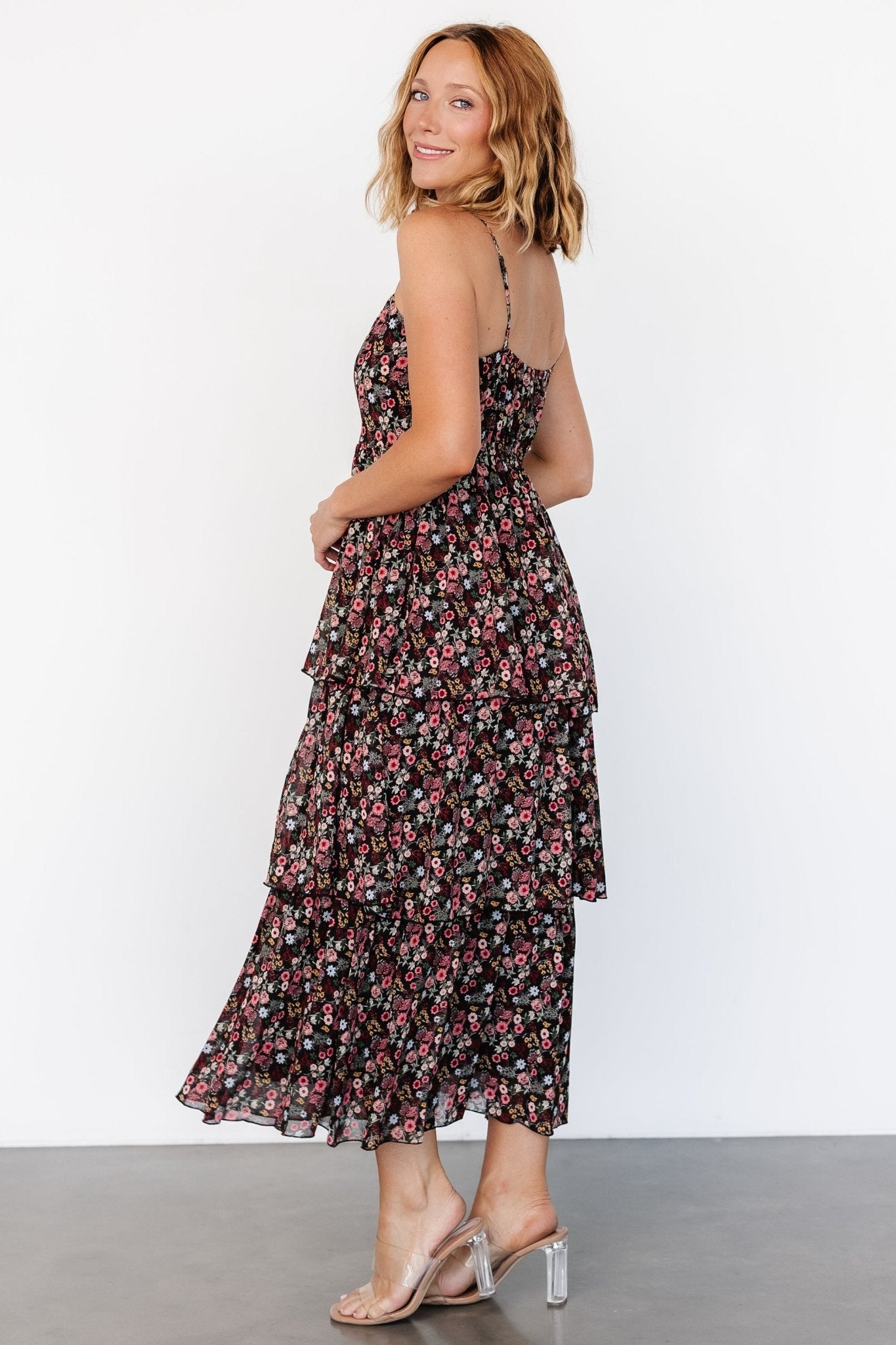 Caprice Tiered Dress | Black Floral Marketable For Sale