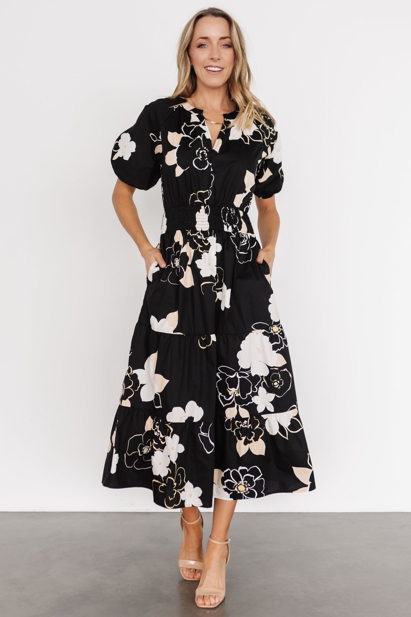 Hacienda Tiered Midi Dress | Black Multi Pictures For Sale