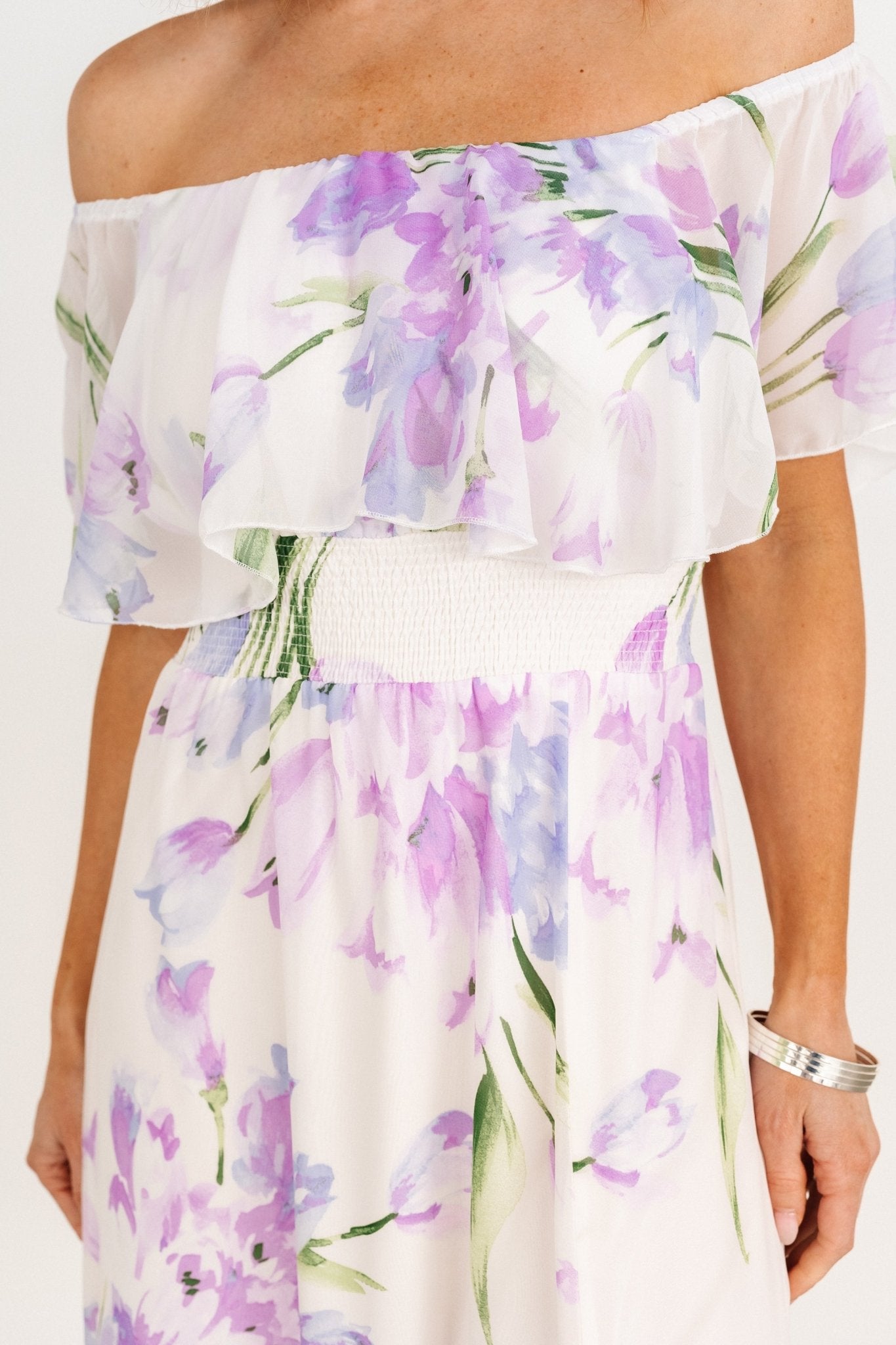 Daphne Off Shoulder Maxi Dress | Ivory + Lavender Floral Cheap Sale Excellent