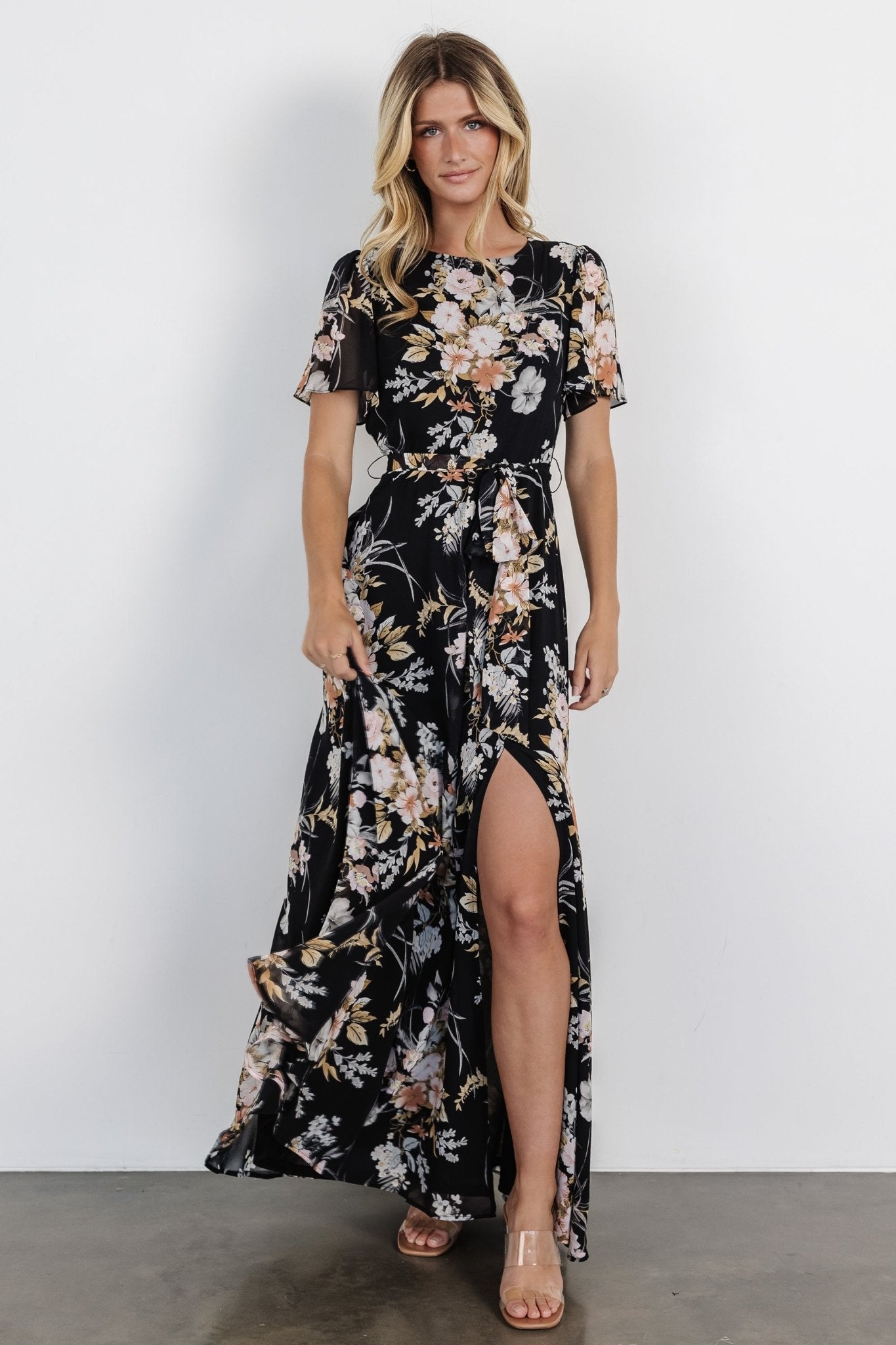 Naomi Short Sleeve Maxi Dress | Black Floral Store Sale Online