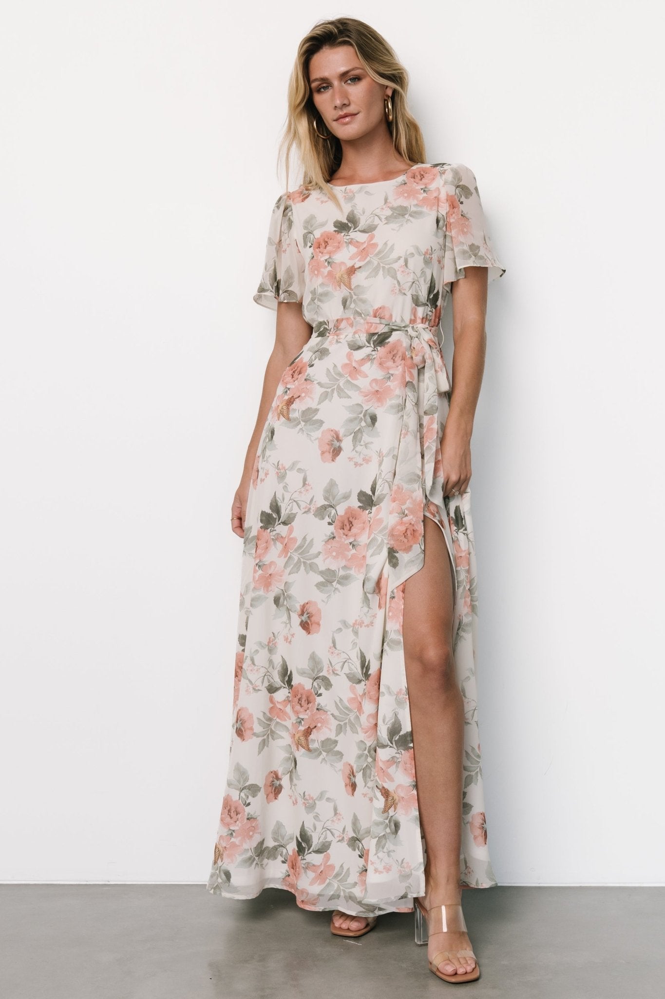 Naomi Short Sleeve Maxi Dress | Ivory + Coral Floral Cheap Get Authentic