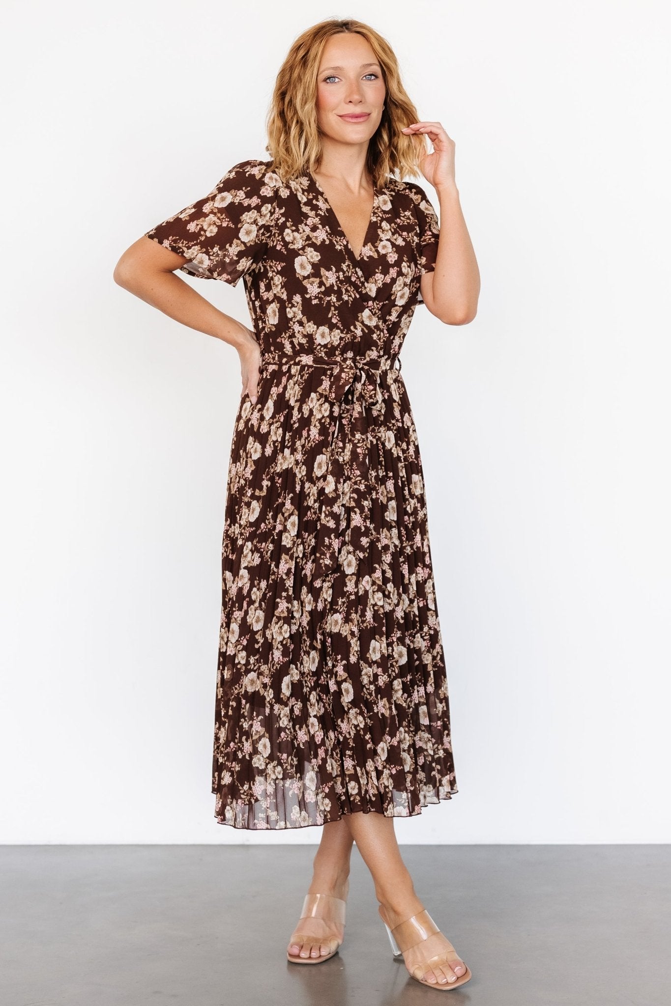 Cassidy Pleated Midi Dress | Brown Floral Free Shipping Perfect