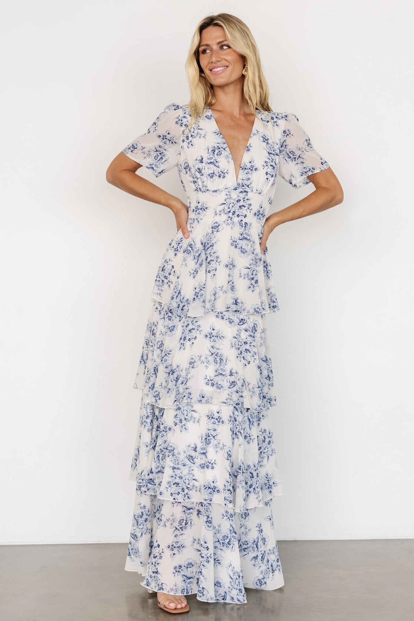 Montaigne Ruffle Maxi Dress | Off White + Blue Sale Low Pice Fee Shipping