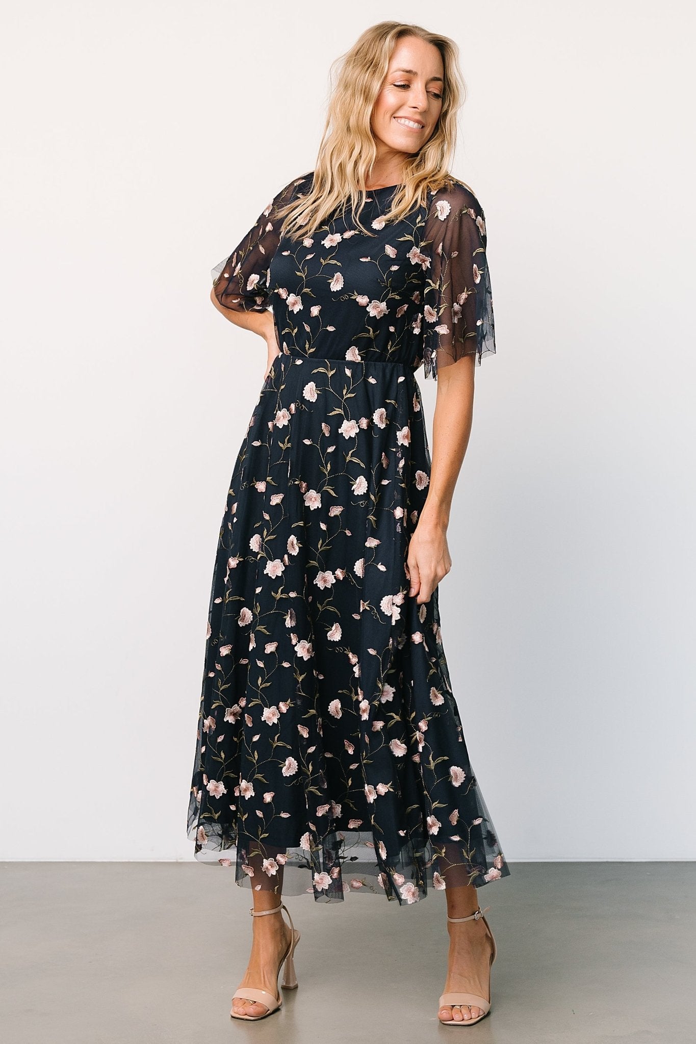 Arabella Embroidered Tulle Maxi Dress | Pink + Navy Clearance Recommend