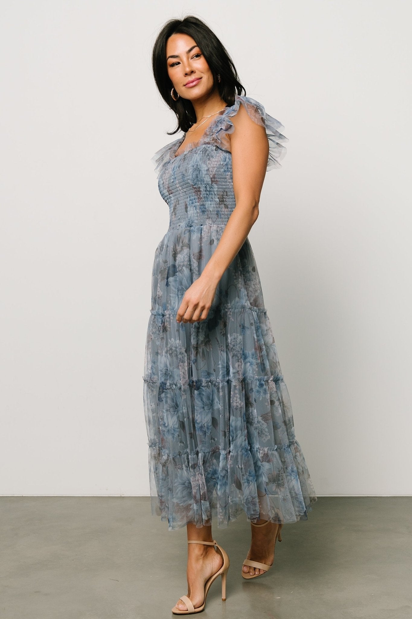 Clementine Tulle Midi Dress | Dusty Blue Floral Clearance With Mastercard