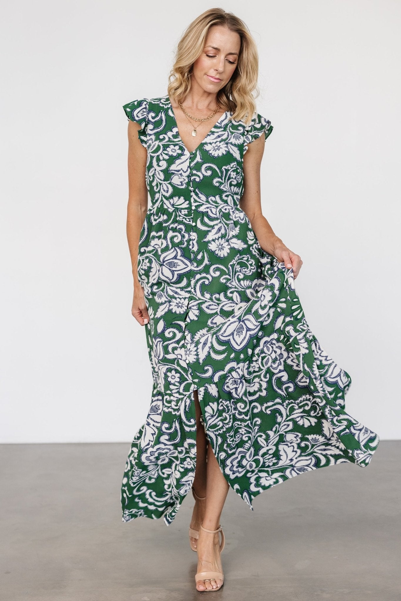 Kaia Button Maxi Dress | Green Print Cheap Sale Footaction