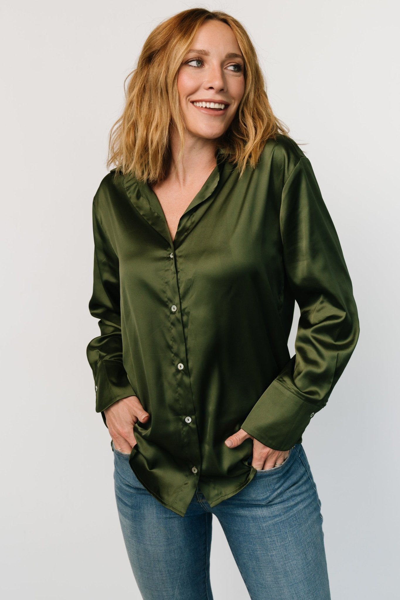 Kacey Satin Button Up Top | Dark Green Fast Delivery For Sale