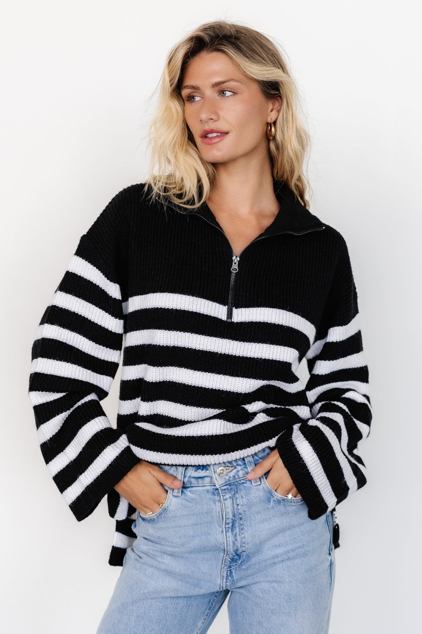 Elmer Striped Half Zip Sweater | Black + White Nicekicks Cheap Online