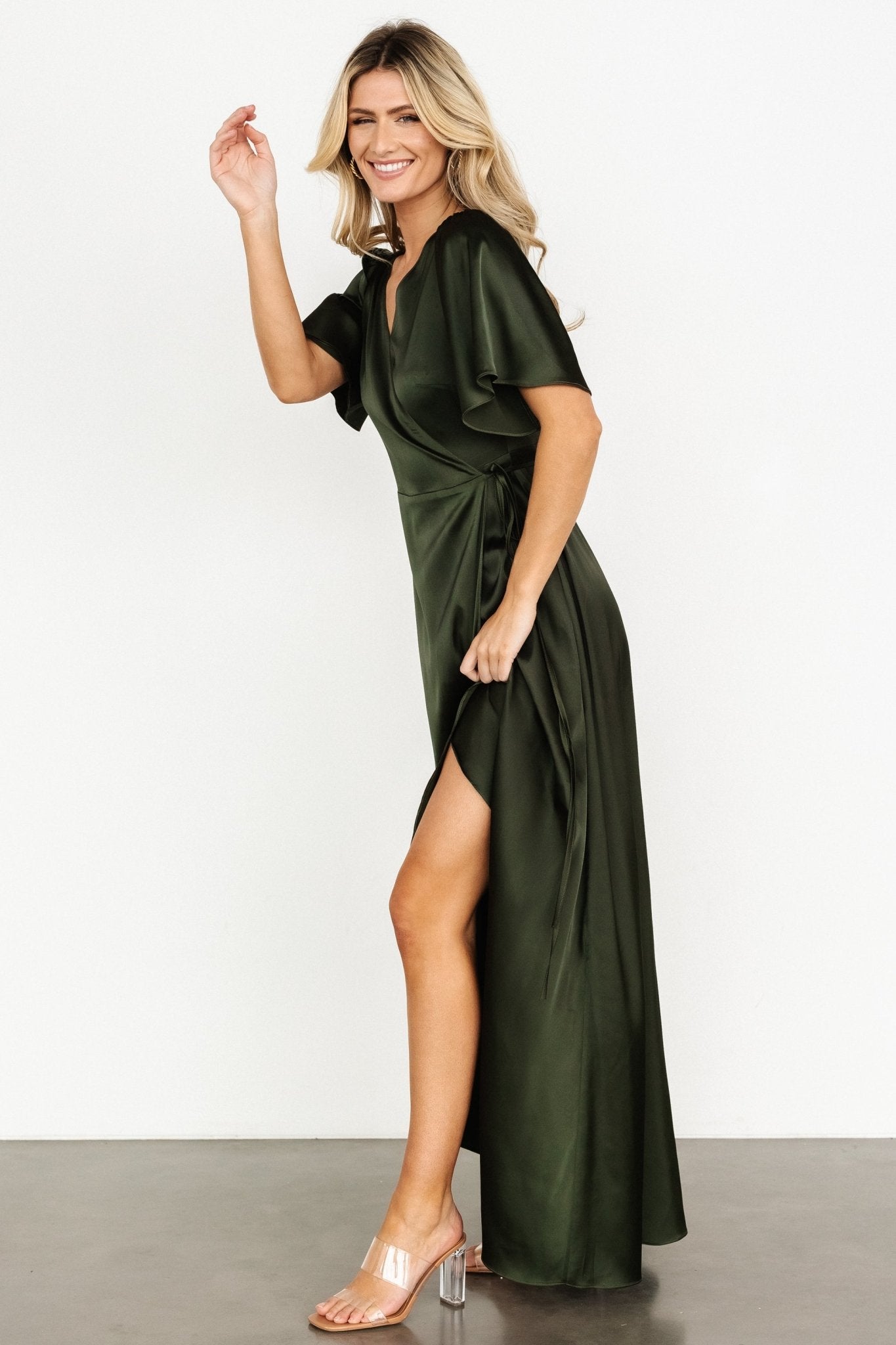 Vara Satin Maxi Wrap Dress | Dark Olive Sale Hot Sale