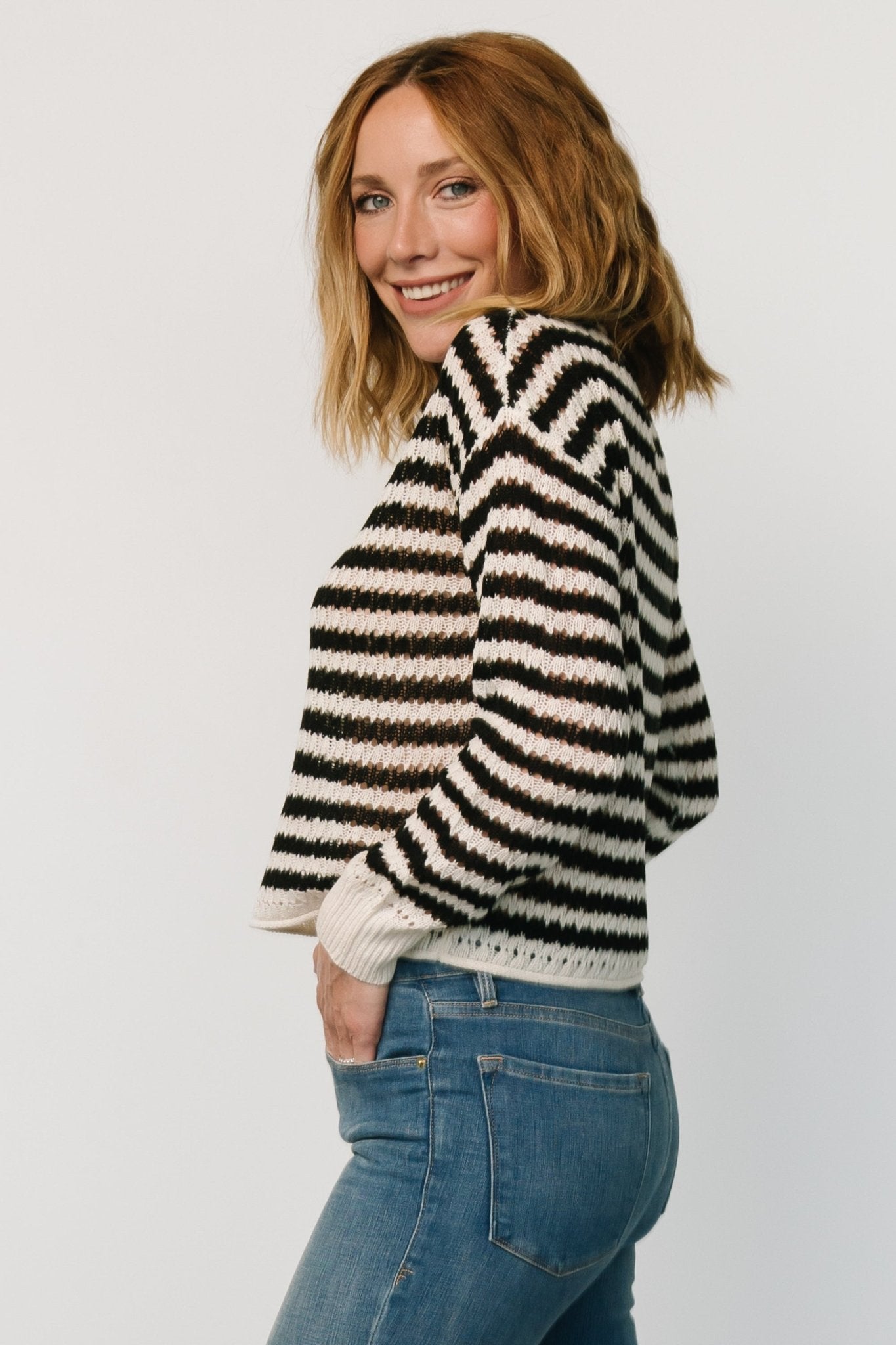 Dawn Open Knit Top | Black + Ivory Sale Comfortable