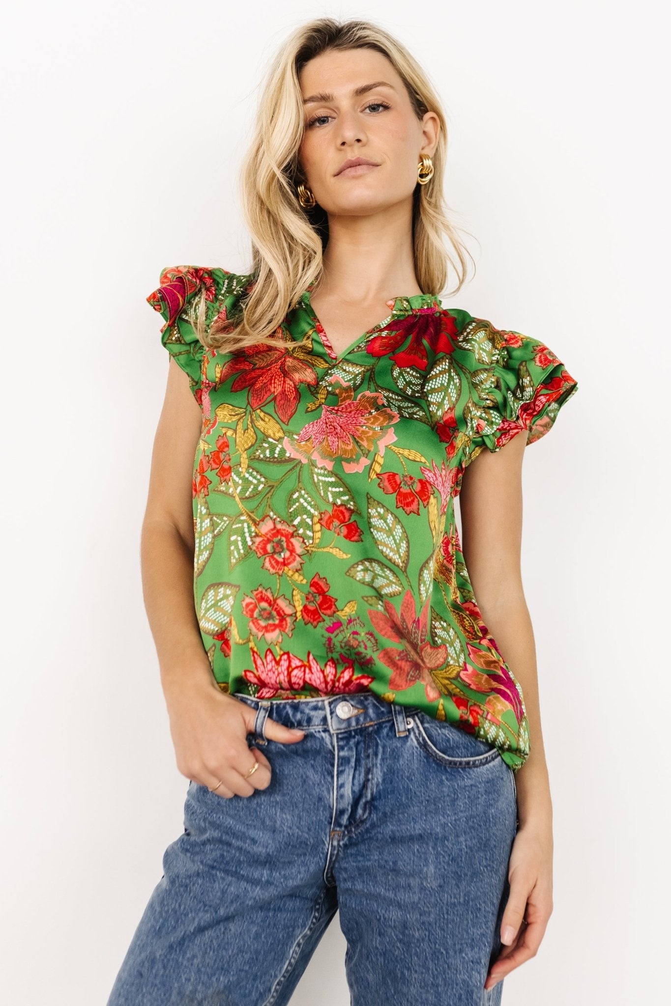 Skyler Ruffle Top | Green Multi Buy Cheap Best Pices