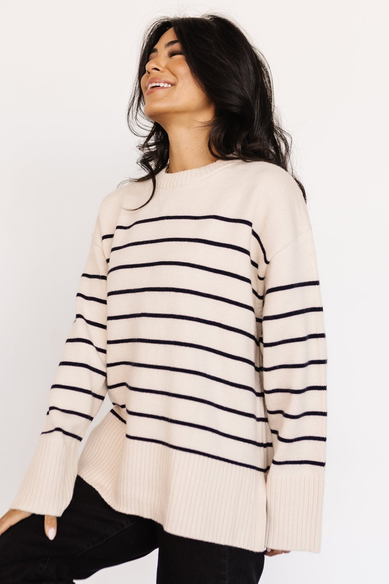 Emerson Stripe Knit Sweater | Ivory + Black Free Shipping 2025