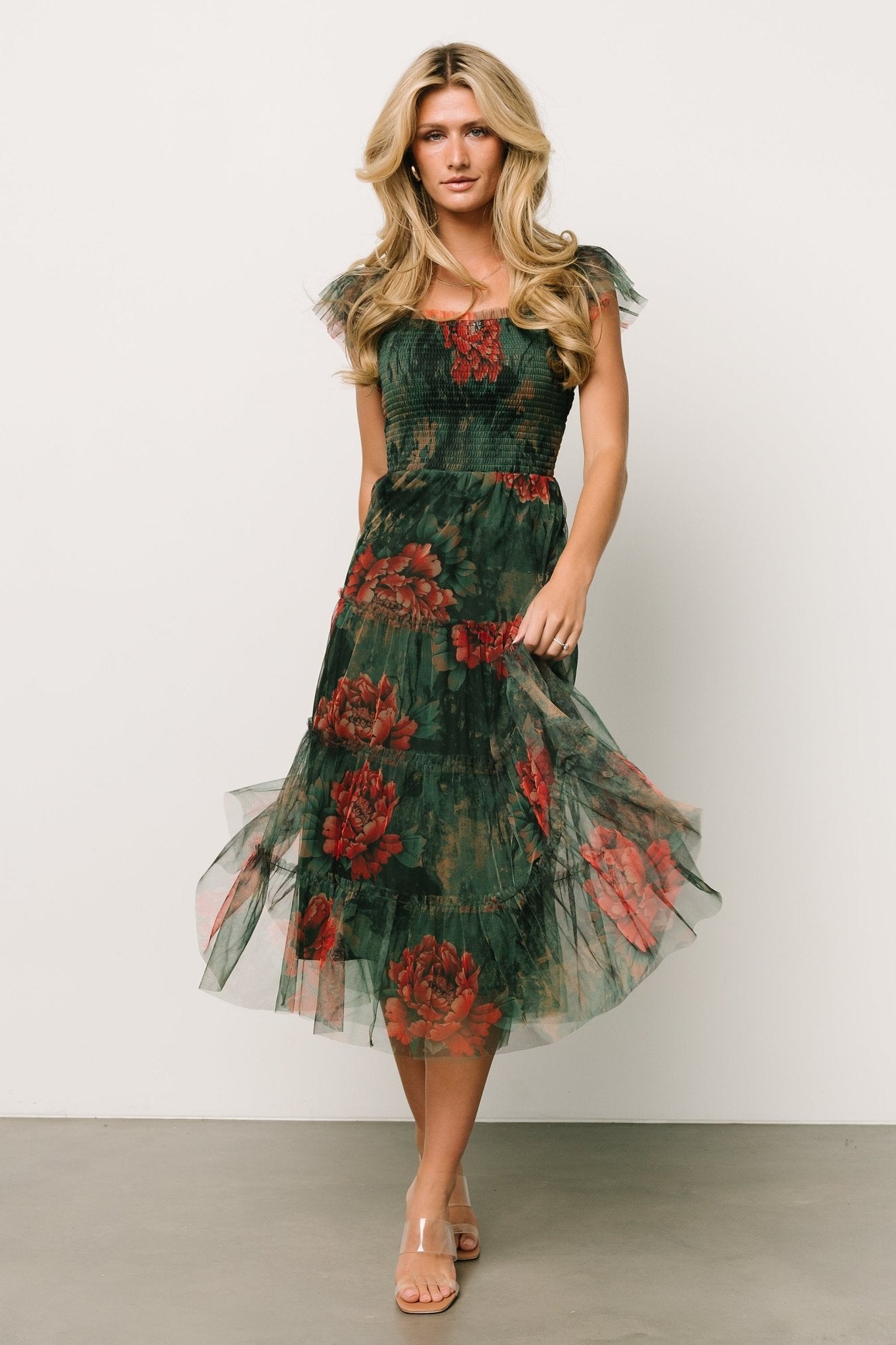 Clementine Tulle Midi Dress | Dark Green Floral Buy Cheap From China