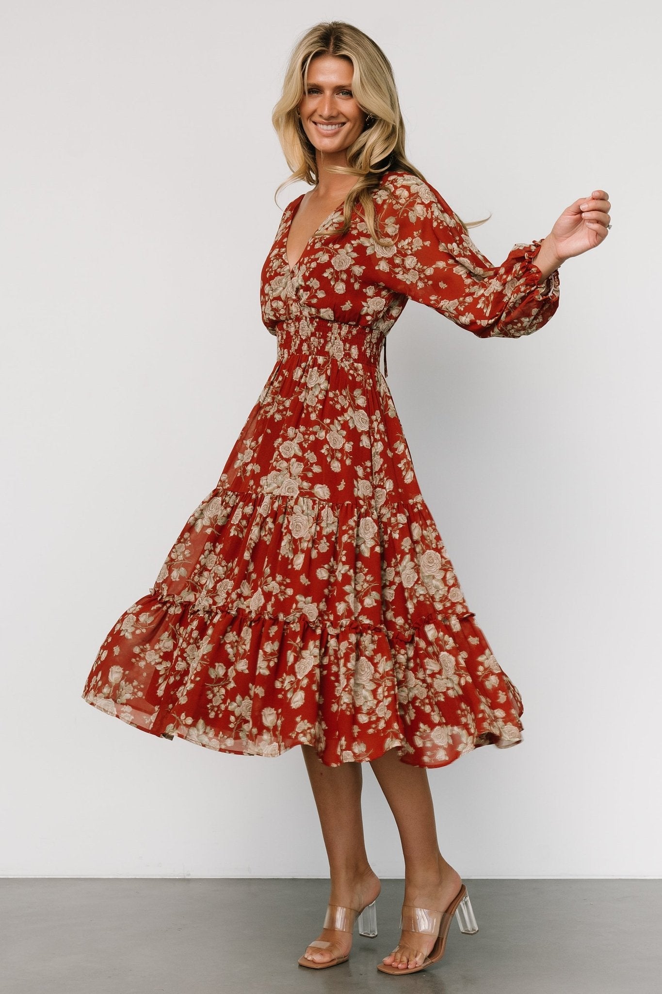 Coventry Tiered Midi Dress | Rust Floral Really For Sale