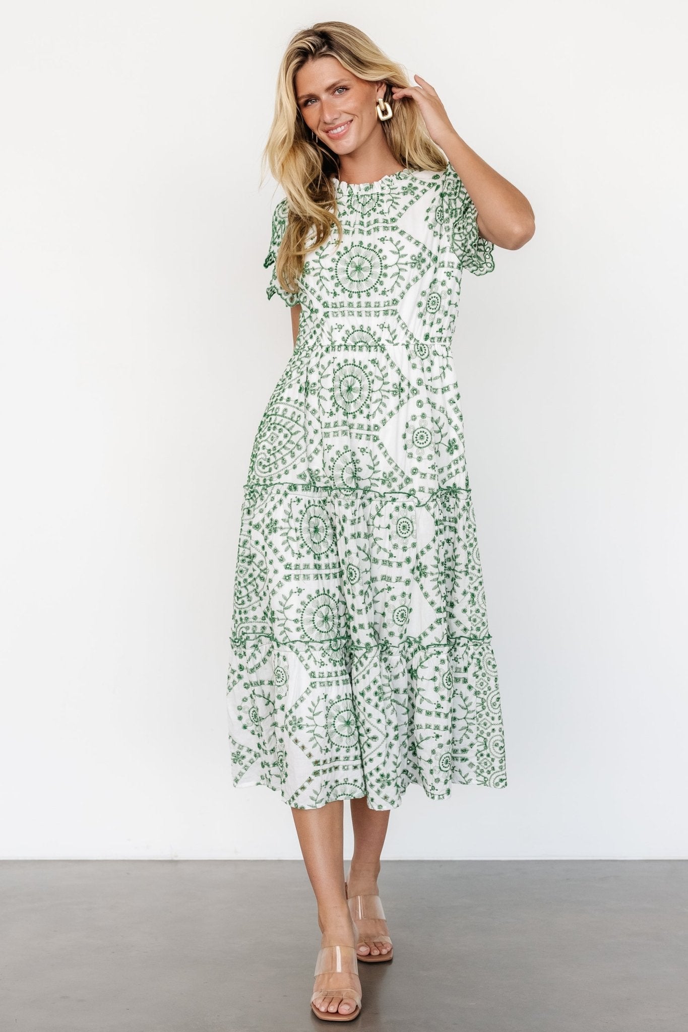 Mirabel Eyelet Midi Dress | White + Green Purchase Cheap Pice