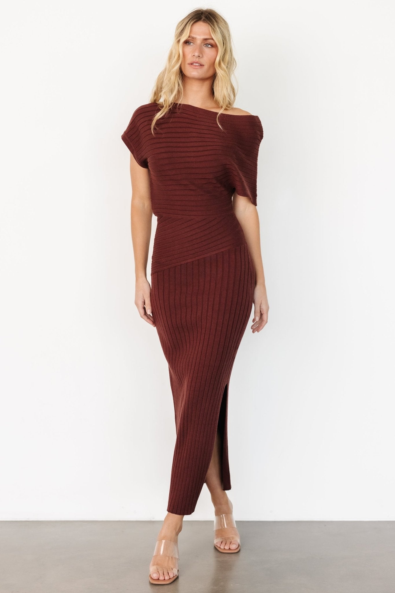 Clara Ribbed Sweater Dress | Mahogany Brown Clearance Explore