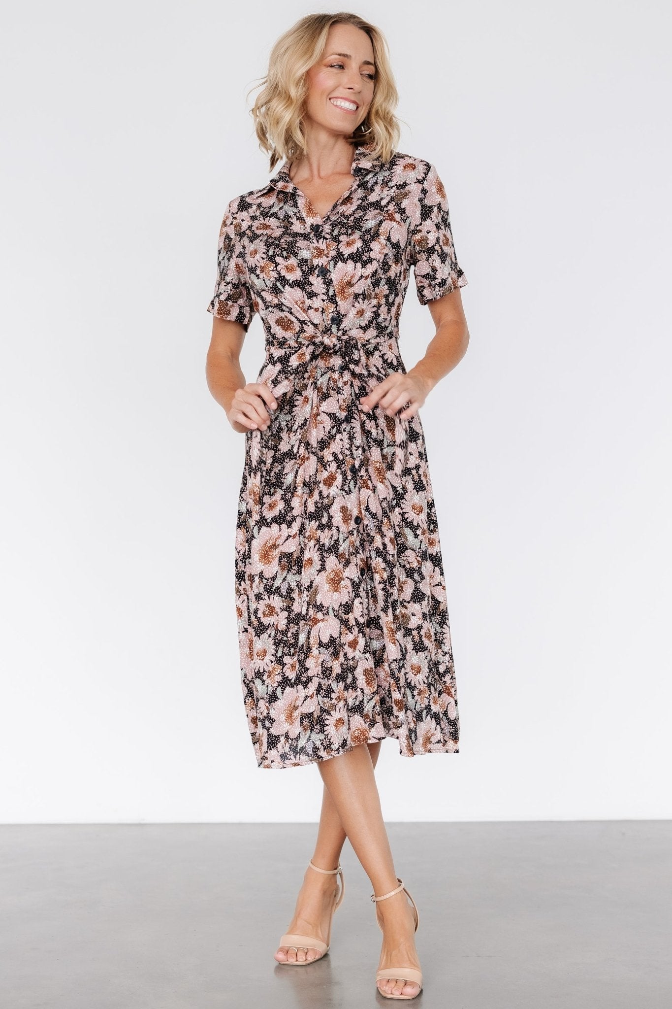 Feya Button Midi Dress | Black + Mauve Floral Free Shipping Manchester Great Sale